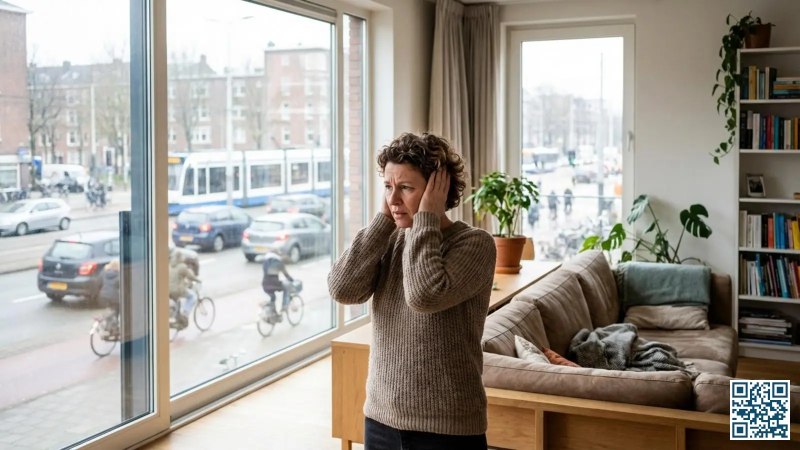 Bewoner in een Nederlandse woonkamer die last heeft van geluidsoverlast ondanks nieuwe HR-glas ramen