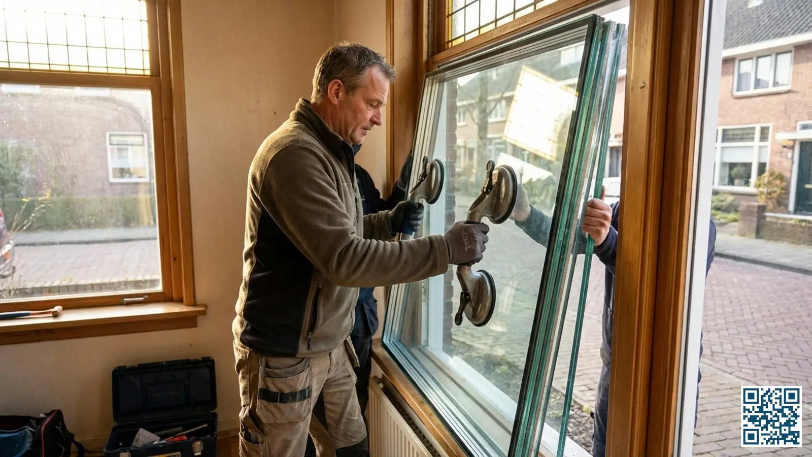 Professionele glaszetter die een dikke akoestische glasplaat met geluidswerende eigenschappen plaatst in een woonhuis