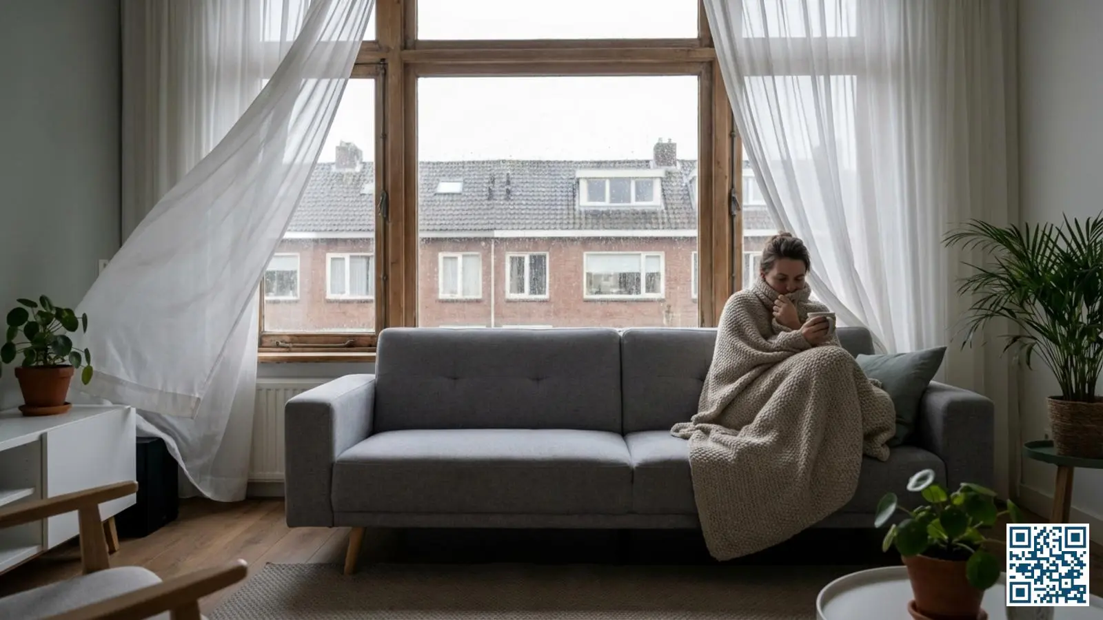 Persoon in Nederlandse woonkamer voelt tocht bij het raam terwijl gordijnen zichtbaar bewegen door luchtstroom