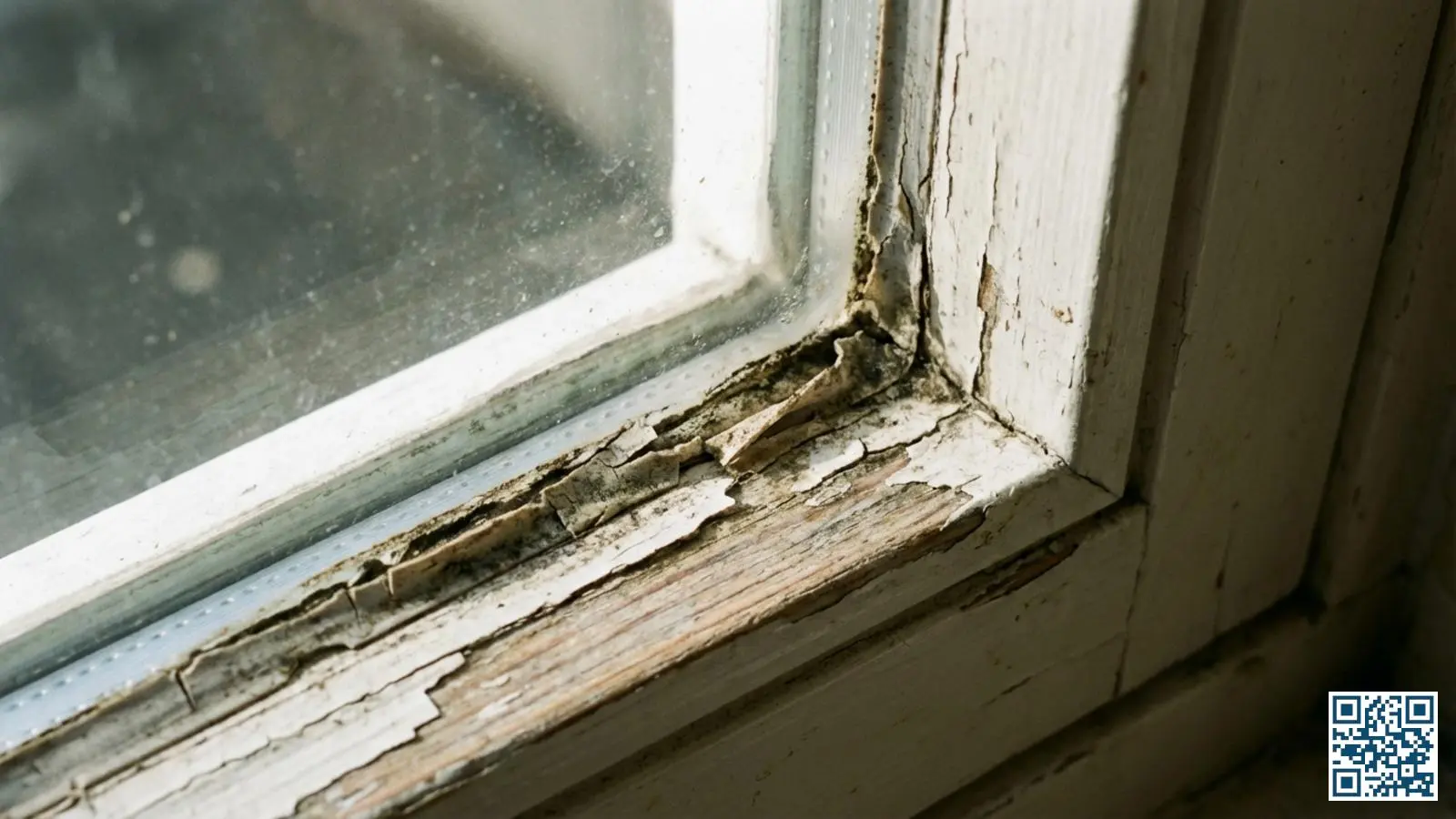 Close-up van versleten kitranden met scheurtjes en loslating rond een HR-glas raam