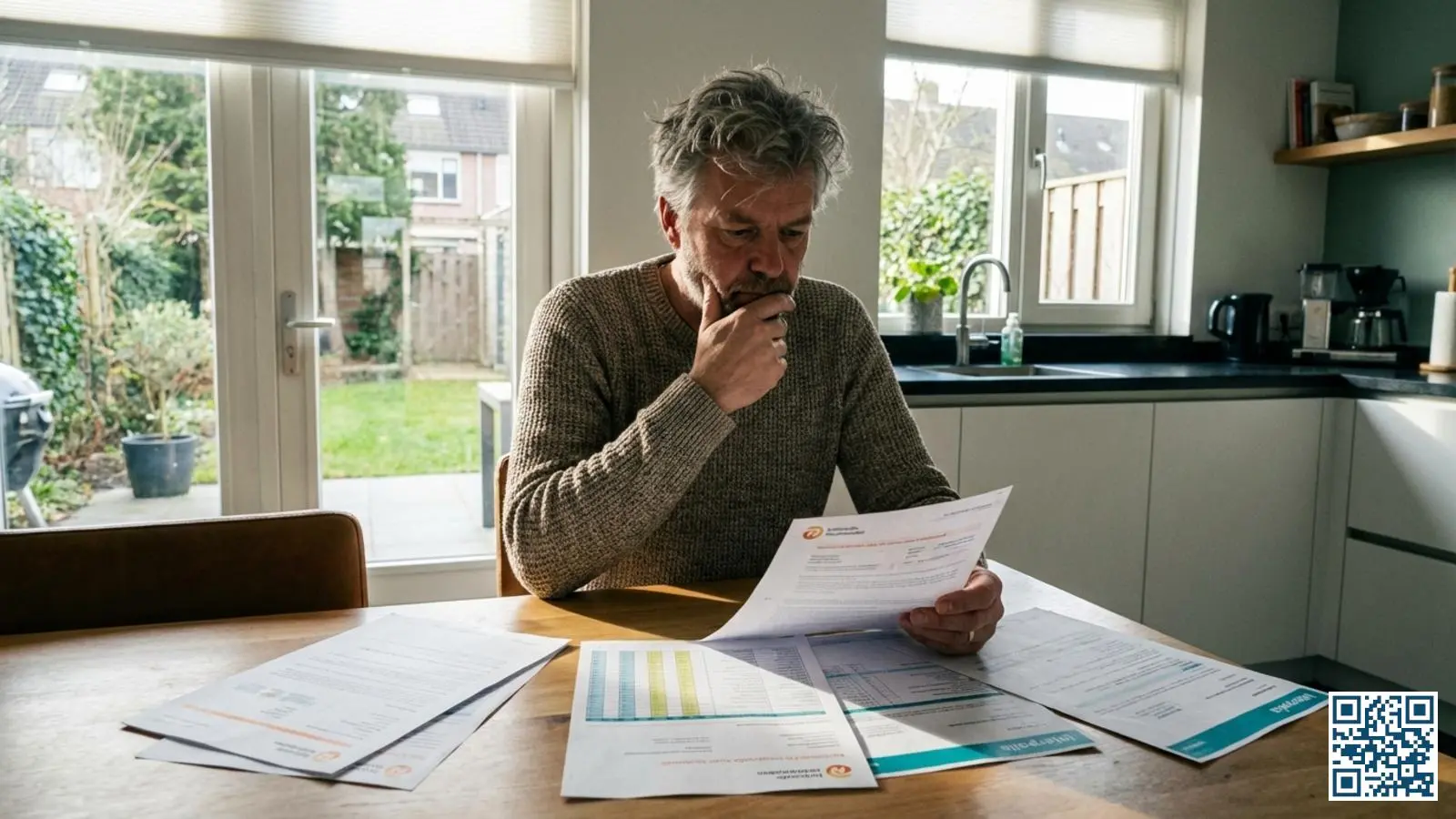 Nederlandse huiseigenaar aan de keukentafel die verzekeringspolissen vergelijkt met ramen op de achtergrond