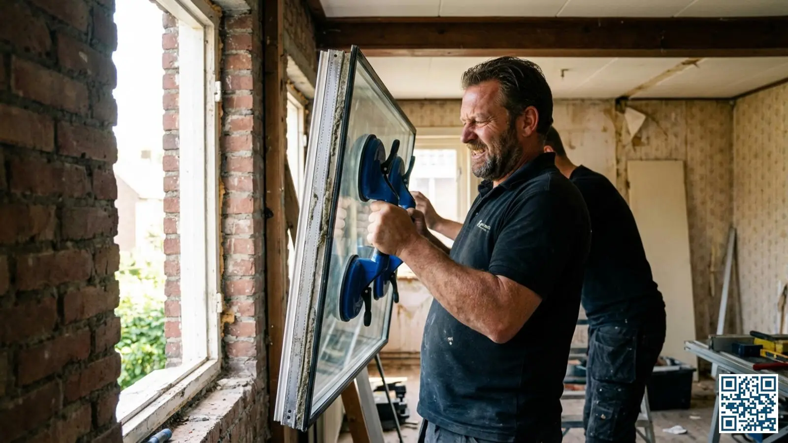Glaszetter houdt een zware isolerende glasunit met vacuümzuigers vast naast een raamopening in een woonhuis