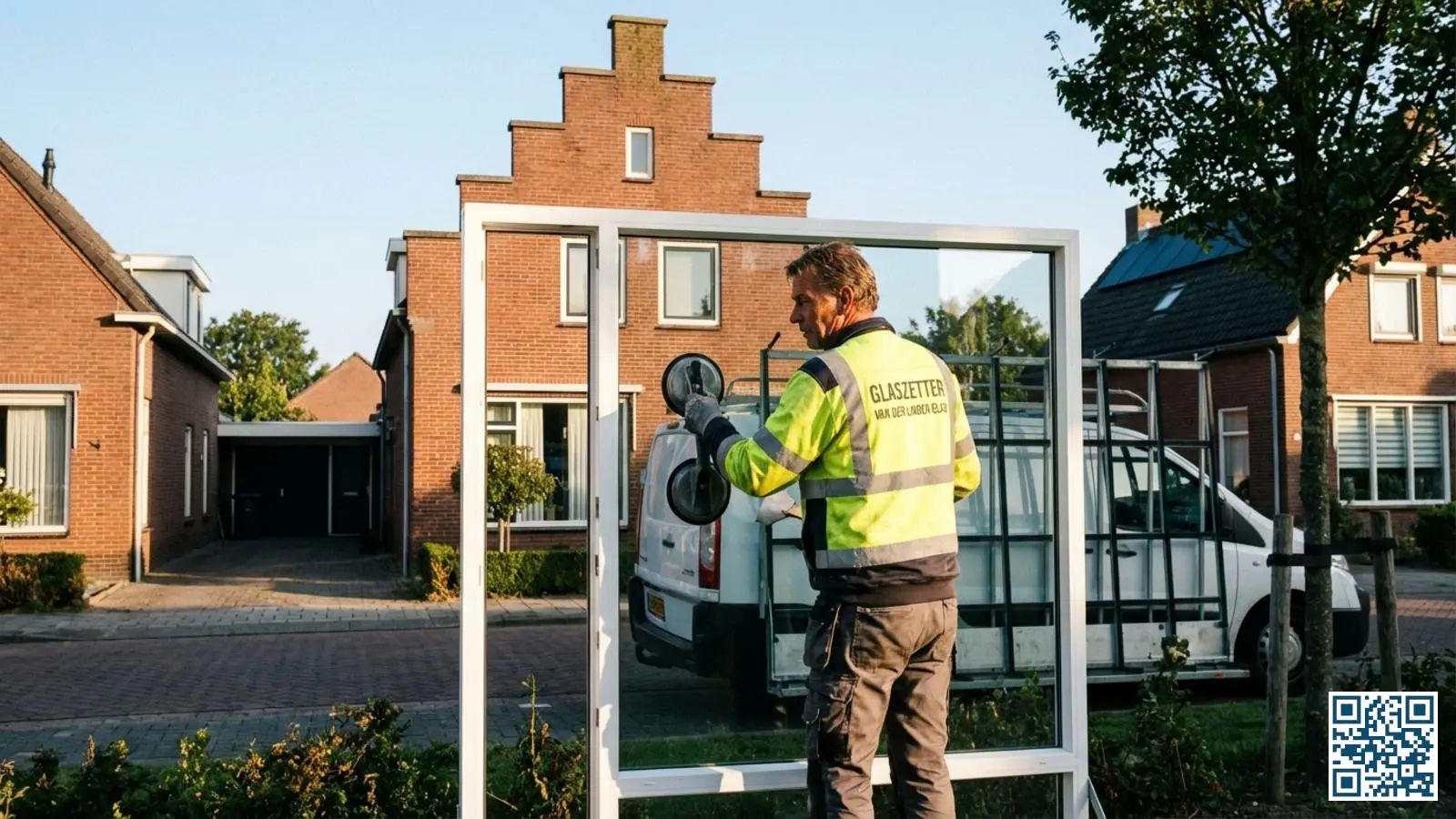 Glaszetter plaatst zorgvuldig een isolerende HR-glasunit in een wit kunststof kozijn van een Nederlandse woning