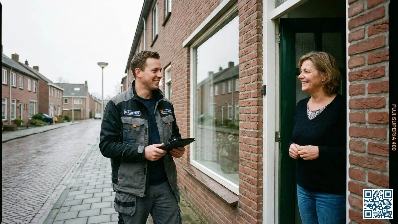 Glaszetter in gesprek met huiseigenaar bij de voordeur van een Nederlandse rijtjeswoning