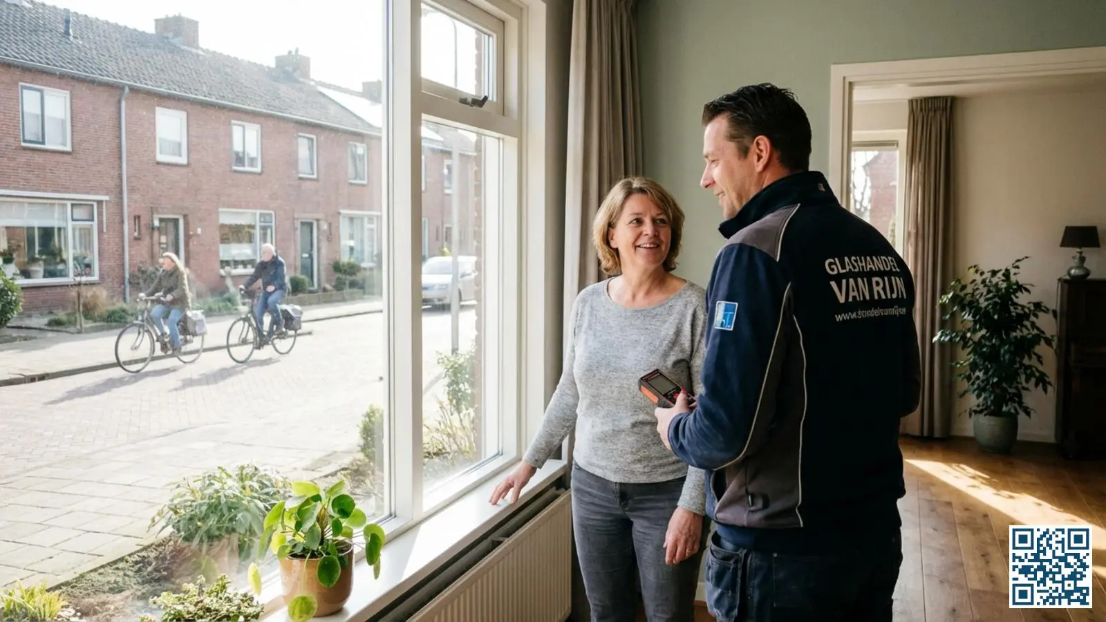 Huiseigenaar en glaszetter bekijken samen een raam tijdens het oriëntatiegesprek voor glasvervanging