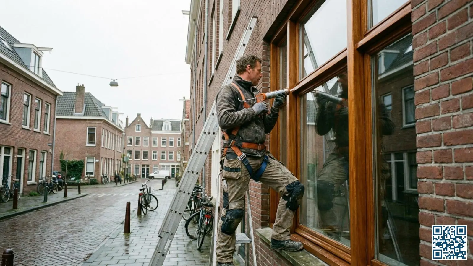 Professionele glaszetter brengt kit aan bij een raam aan de buitenkant van een Nederlandse rijtjeswoning