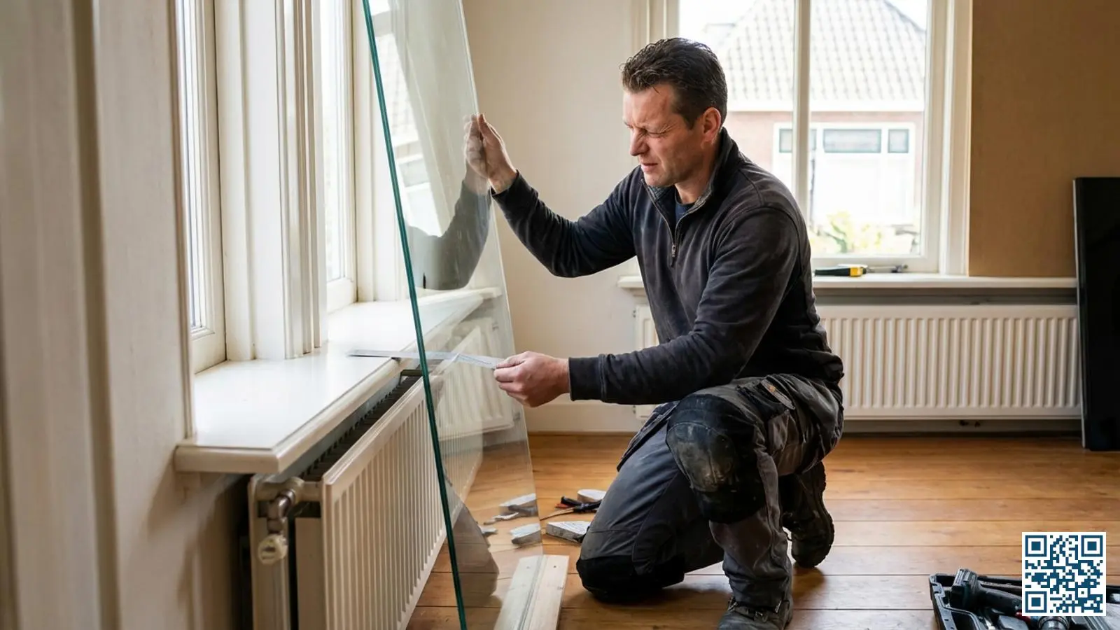 Glaszetter controleert de pasvorm van een nieuwe isolerende glasruit in het kozijn van een woning