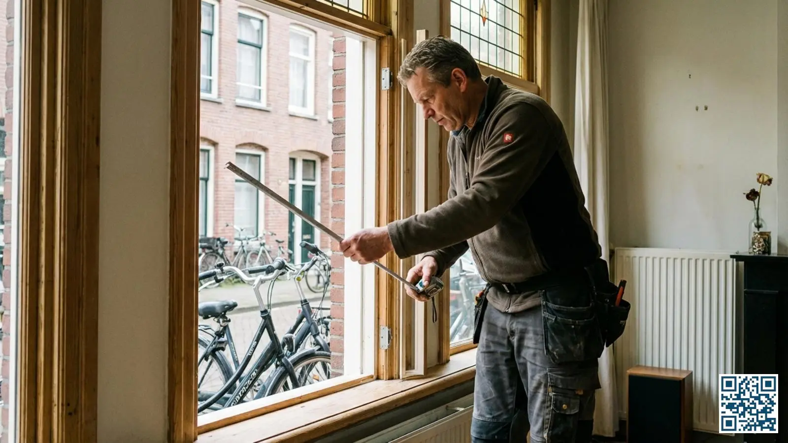Glaszetter meet nauwkeurig de binnenmaat van een houten raamkozijn op met professioneel meetlint