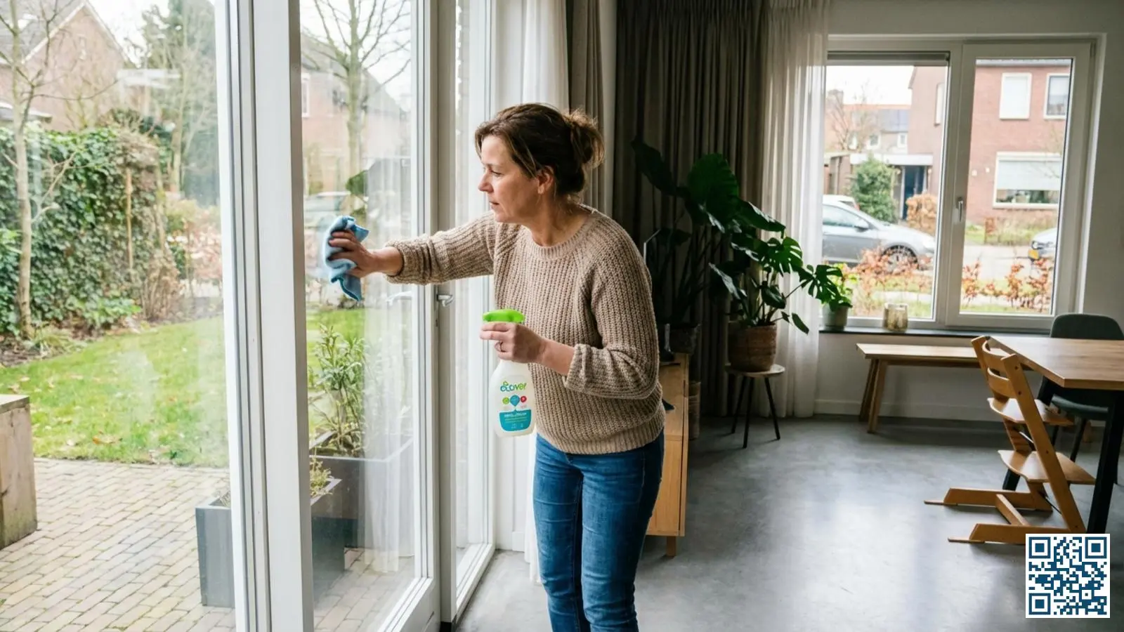 Huiseigenaar reinigt een groot HR-glas raam in de woonkamer met een microvezeldoek en glasreiniger