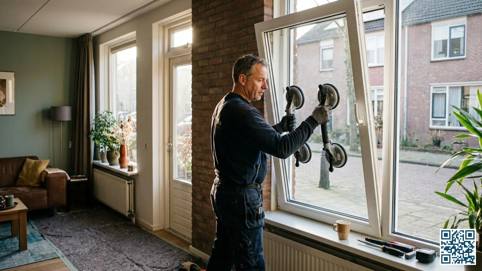 Professionele glaszetter plaatst met vacuumzuigers een nieuwe HR-glasruit in het kozijn van een Nederlandse woning
