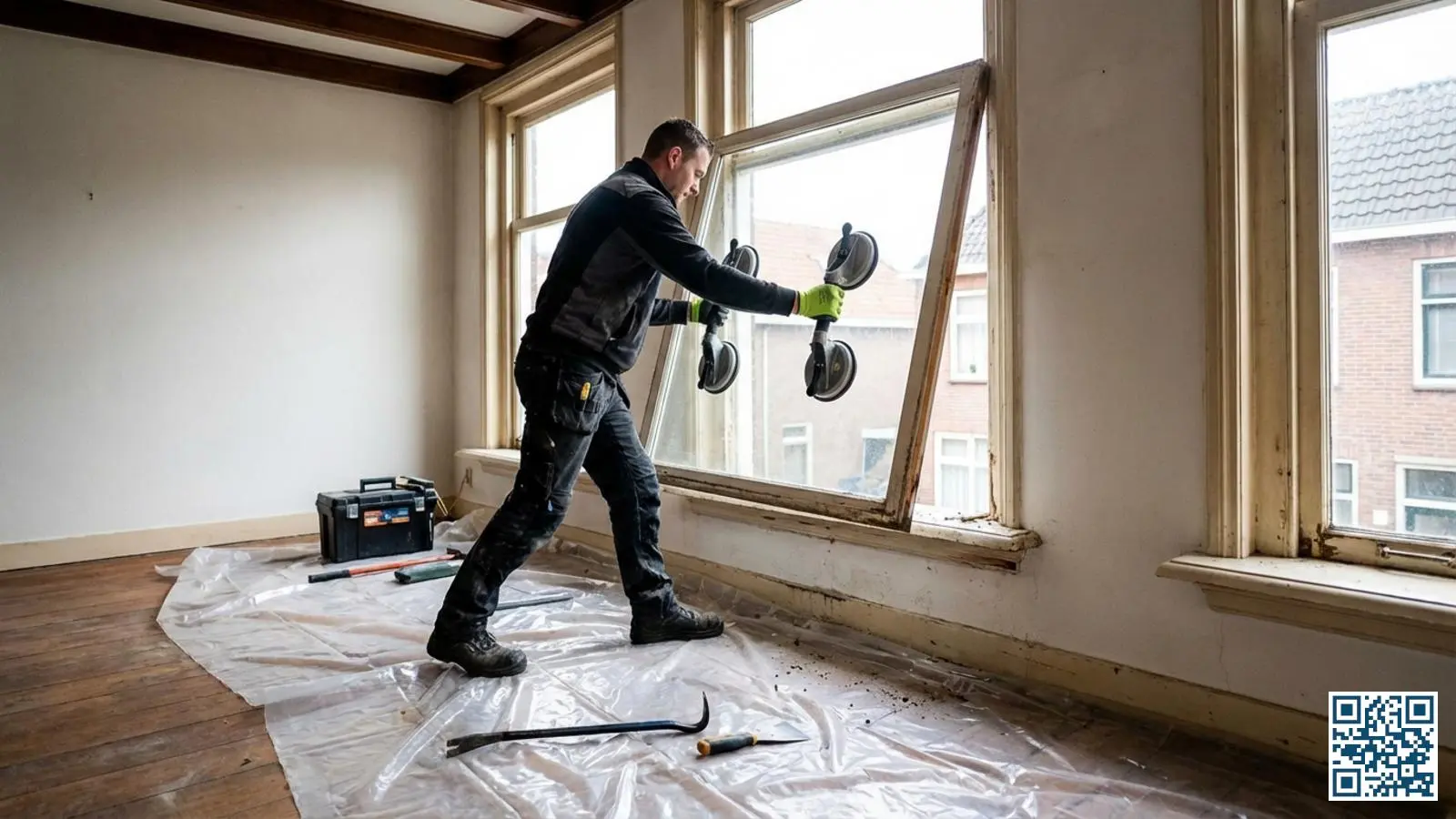 Glaszetter verwijdert een oude dubbelglasruit uit een houten kozijn met behulp van professionele vacuumzuigers