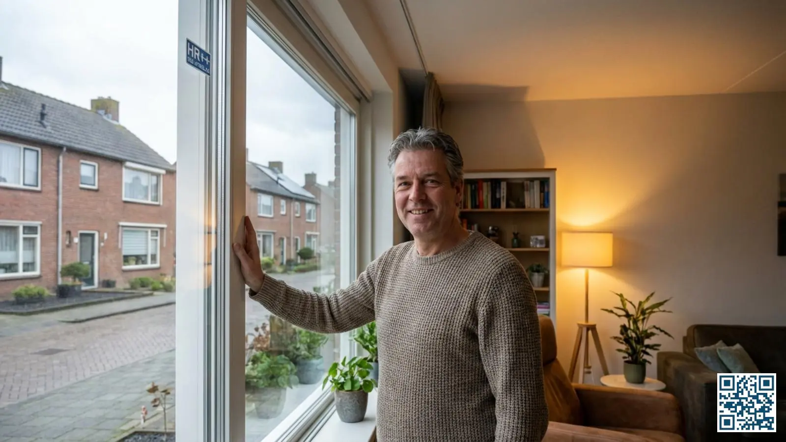 Tevreden huiseigenaar poseert trots naast een nieuw geplaatst HR-glas raam in de woonkamer