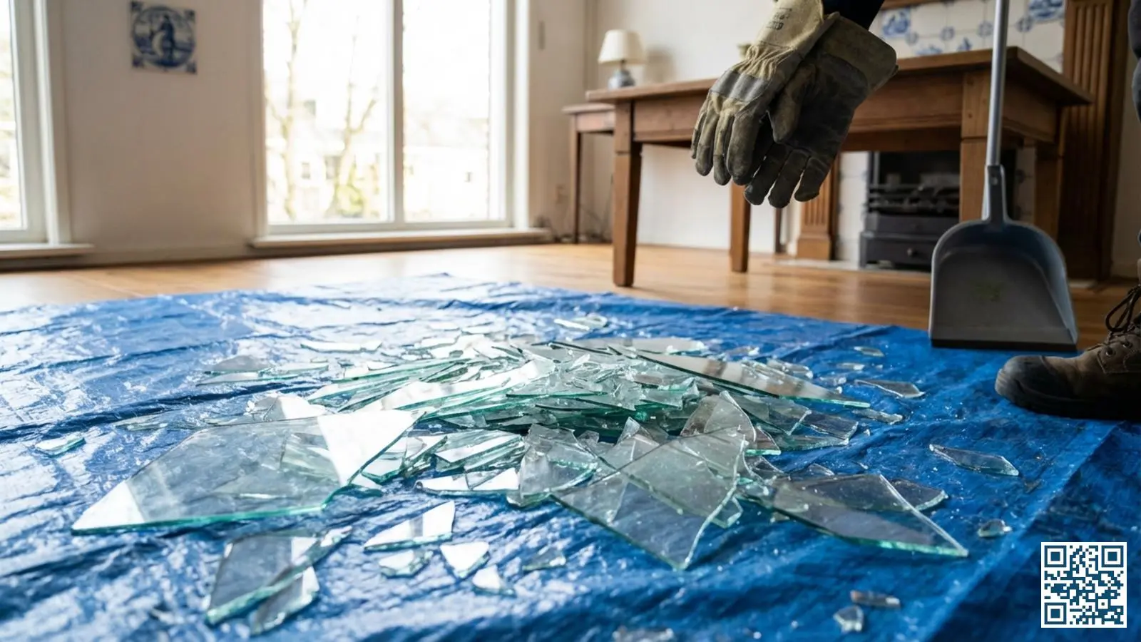 Gebroken glasscherven verspreid over een beschermde vloer na een gevallen glasplaat tijdens doe-het-zelf poging