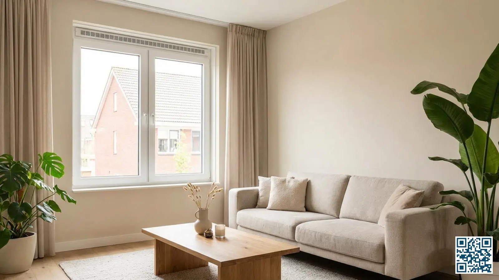 Modern kunststof kozijn met HR-glas en geïntegreerd ventilatierooster aan de bovenzijde in een lichte woonkamer