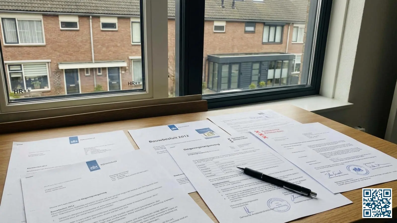 Officiële bouwregelgeving documenten en vergunningen voor glasvervanging naast een raam met nieuwe beglazing