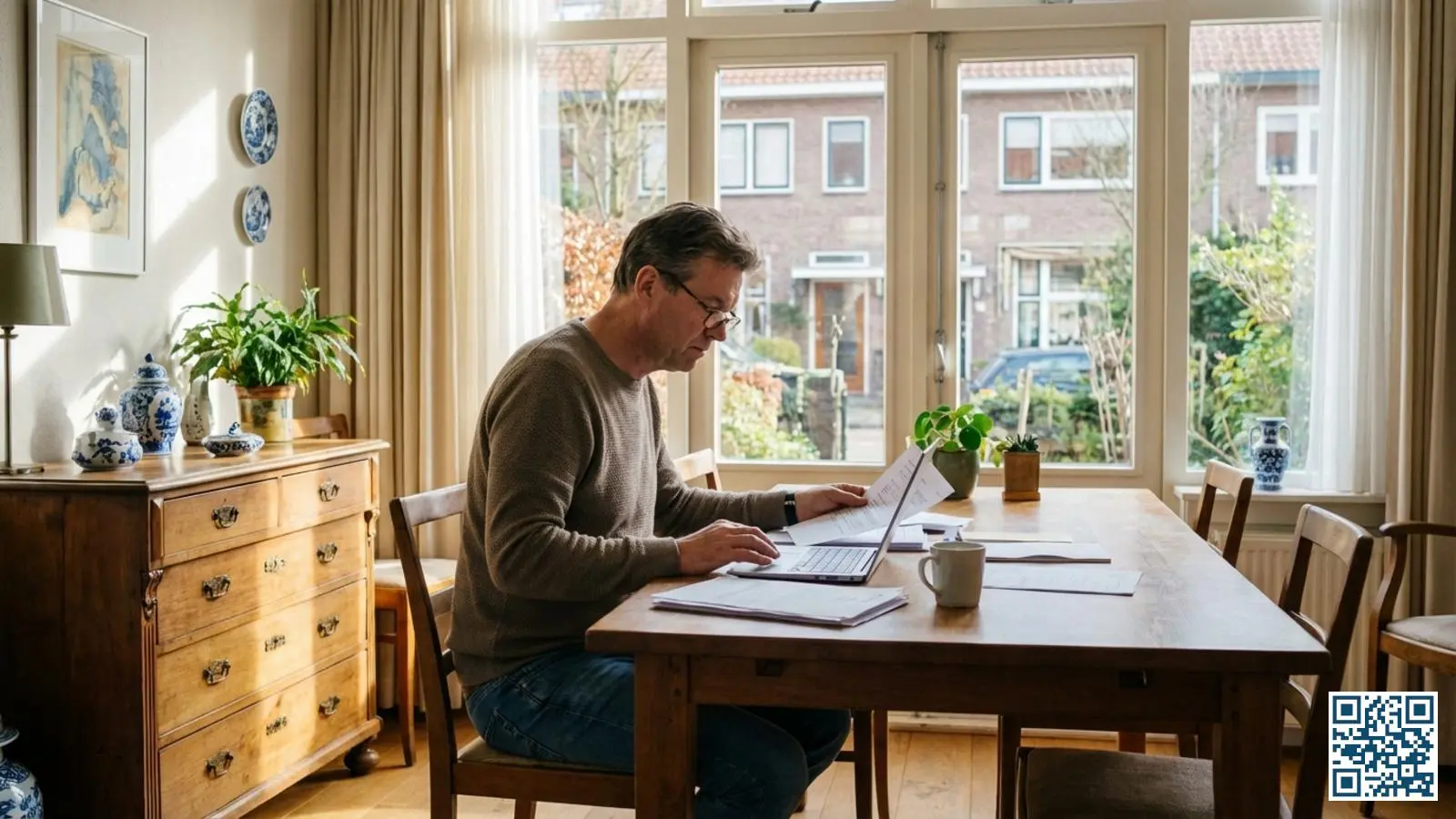 Huiseigenaar bestudeert documenten over glasvervanging aan de eettafel bij een modern raam met HR-glas