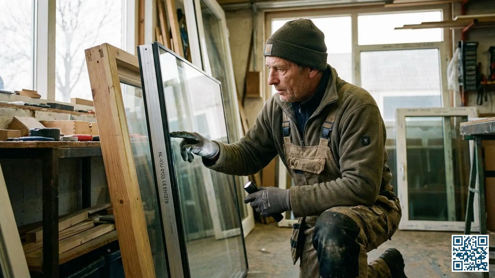 Glaszetter inspecteert het randstempel en de certificering op een nieuwe isolerende glasunit