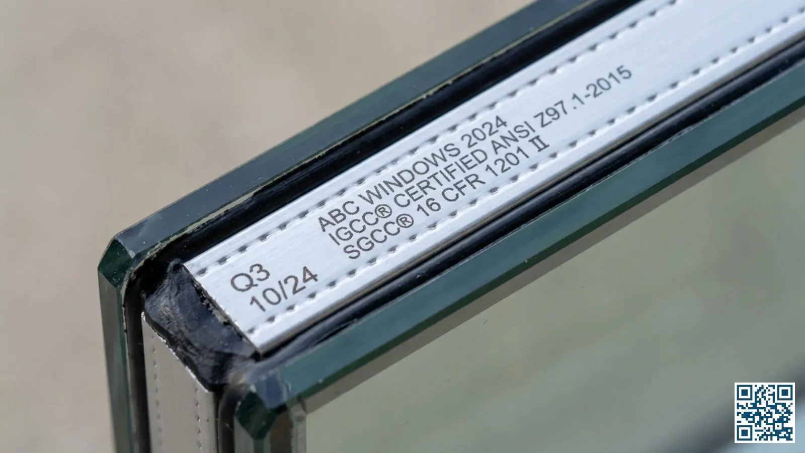 Close-up van randstempel op isolerende glasunit met zichtbare keurmerken en certificeringscodes