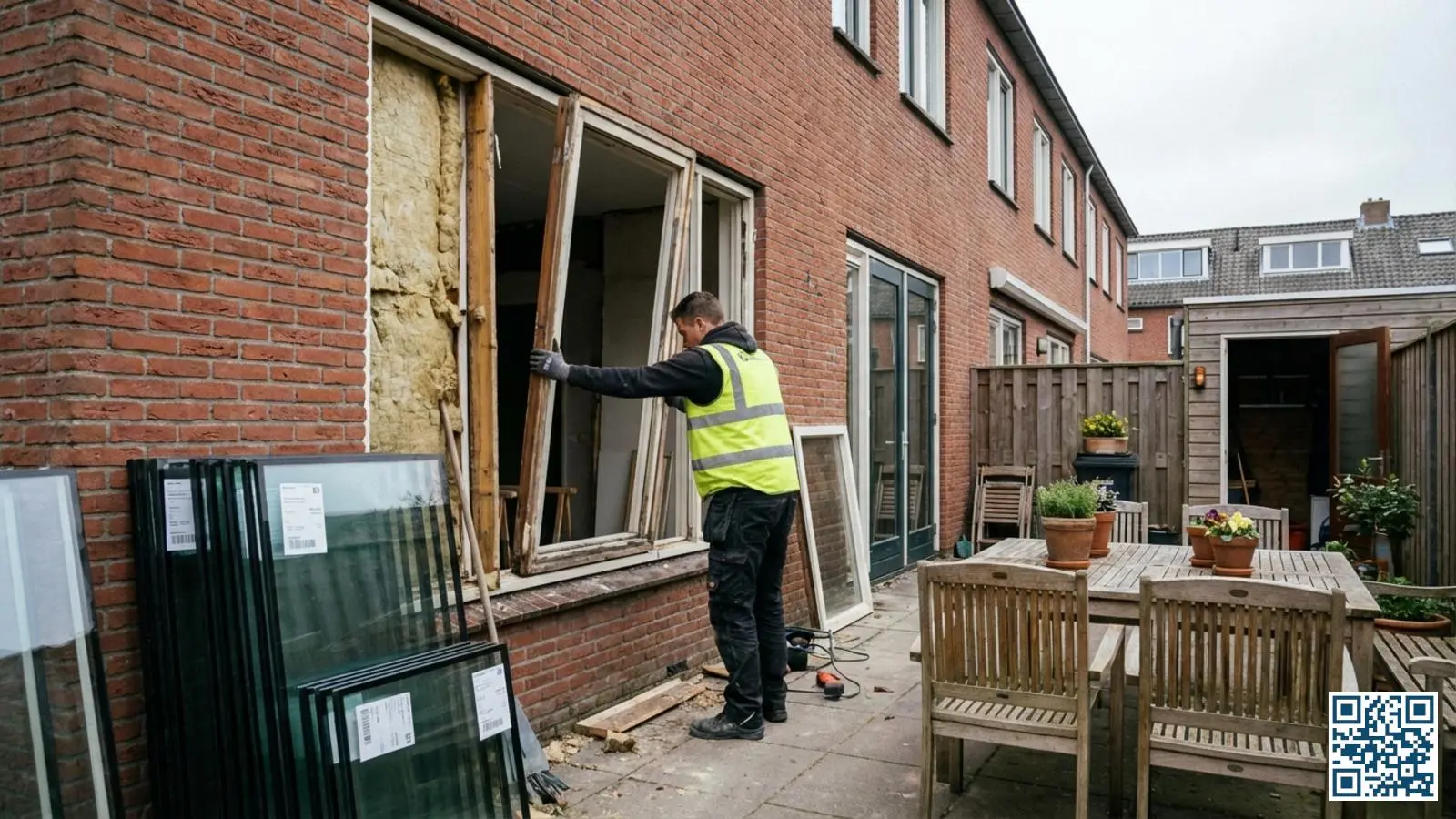 Vakman vervangt houten kozijn aan de achtergevel van een Nederlands rijtjeshuis met nieuw HR-glas