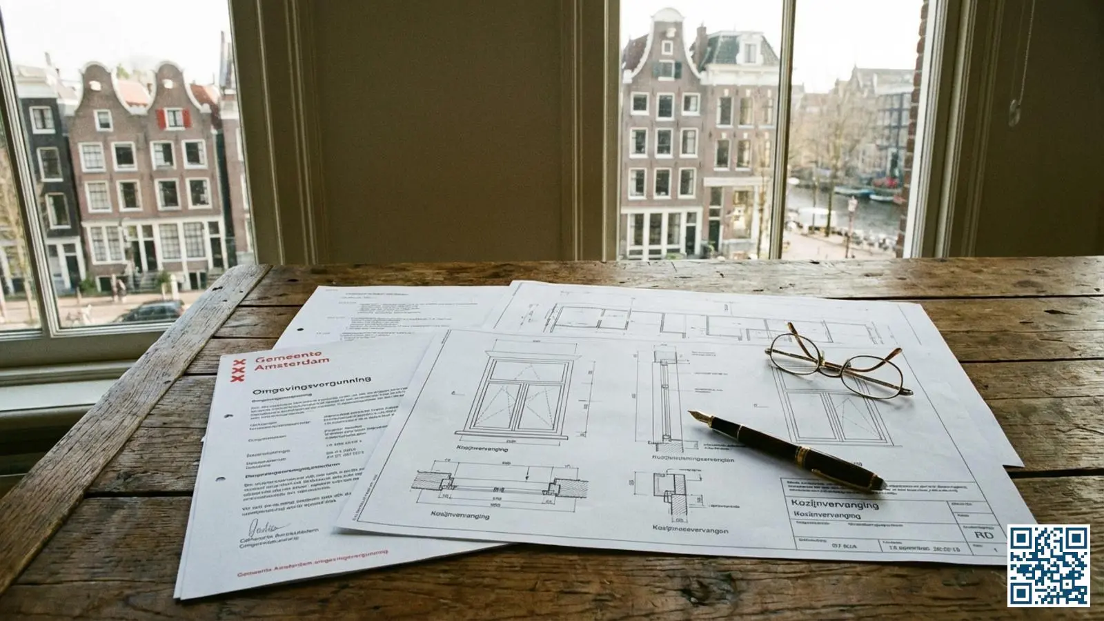 Vergunningsdocumenten en bouwtekeningen voor glasvervanging op een bureau met uitzicht op Nederlandse woning