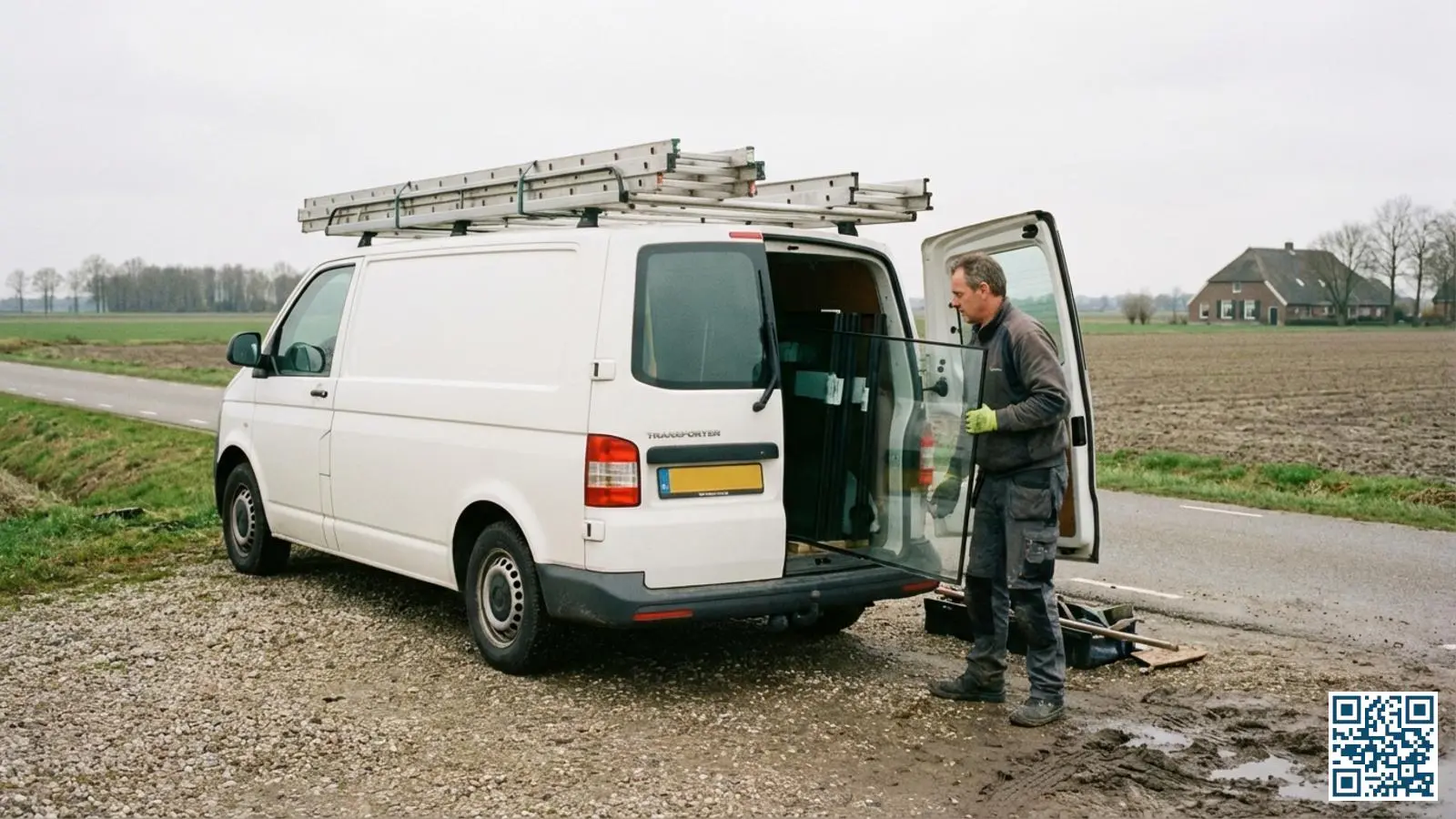 Glaszetter met bestelbus en glasplaten op een rustige plattelandsweg in Drenthe