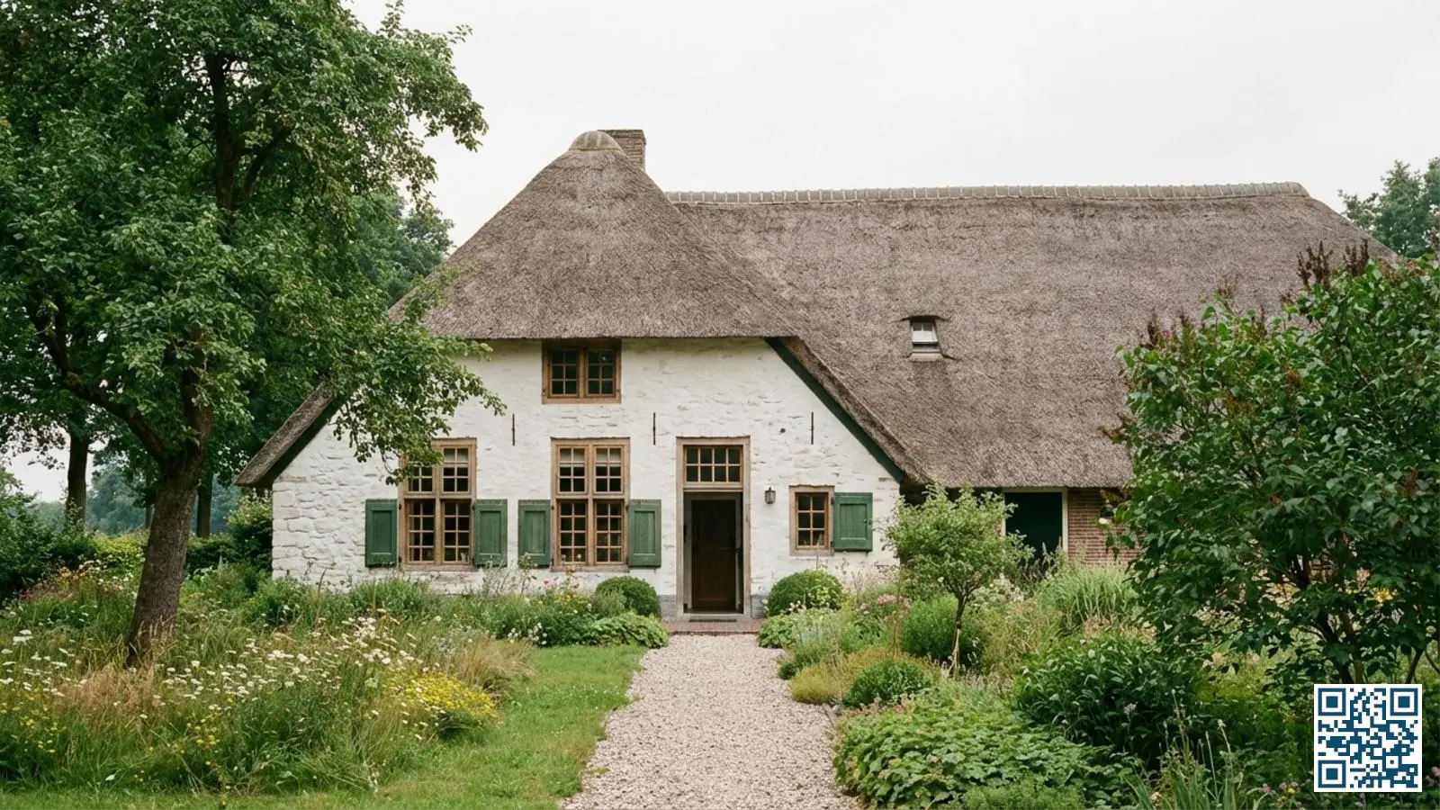 Karakteristieke saksische boerderij in Drenthe met traditionele houten kozijnen en kleine raamverdeling
