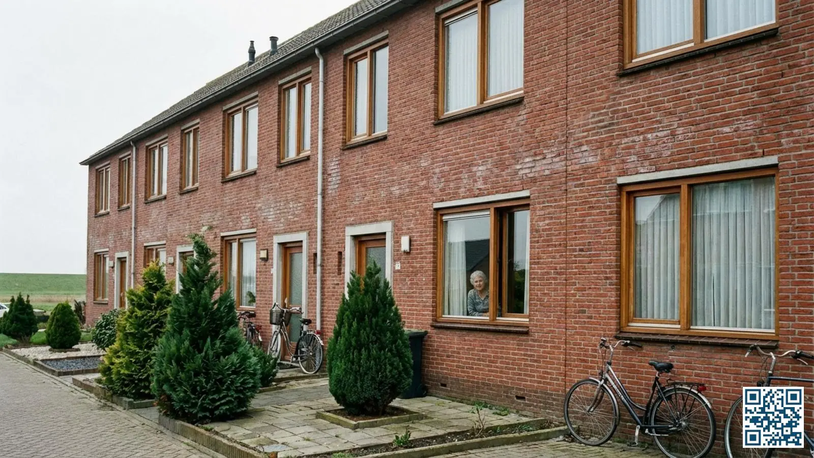 Rijtjeshuizen in Almere met kenmerkende bakstenen gevels en dubbelglas ramen uit de jaren tachtig