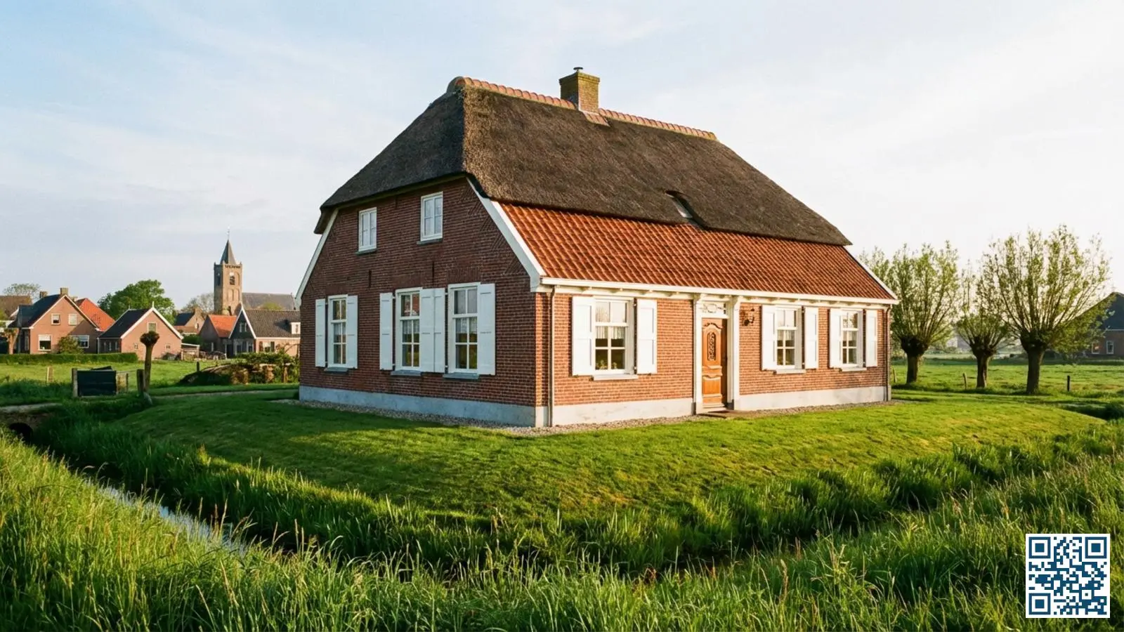 Traditionele Friese woning met witte houten kozijnen in een karakteristiek dorpsgezicht