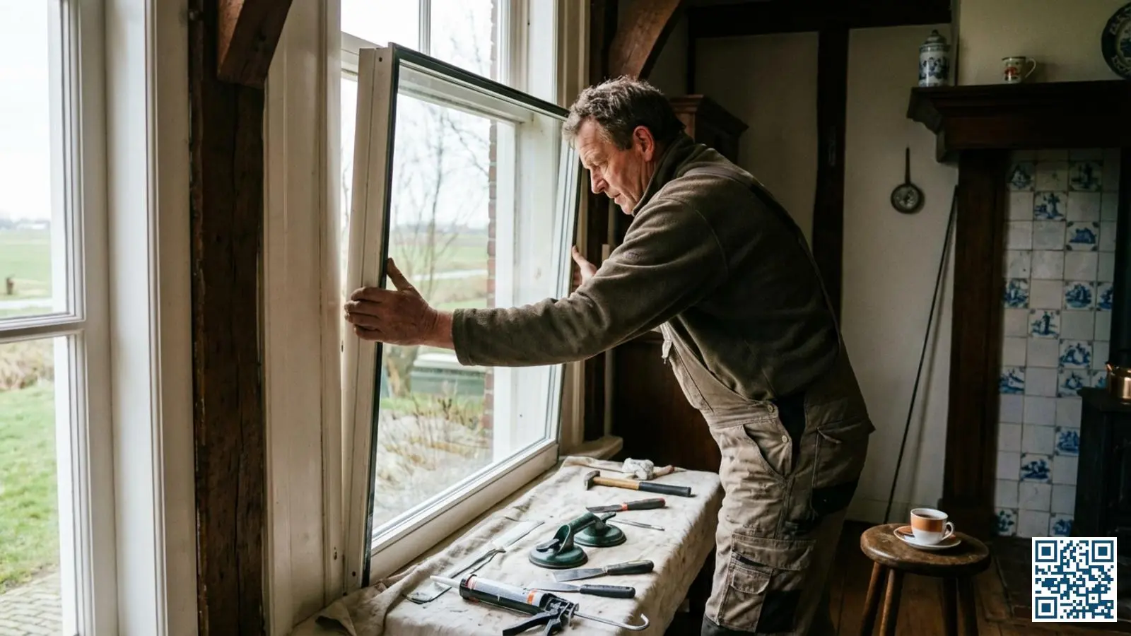 Glaszetter plaatst nieuw HR-glas in een traditioneel Fries kozijn in een dorpswoning