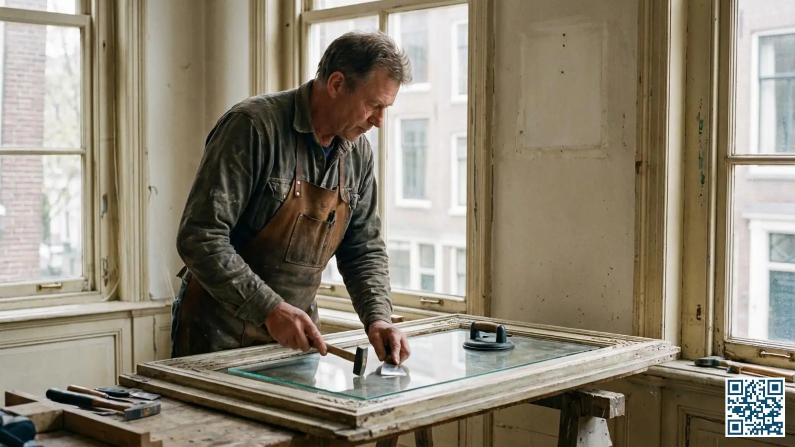 Vakkundige glaszetter installeert dun isolatieglas in een historisch houten kozijn van een Leeuwarder monument
