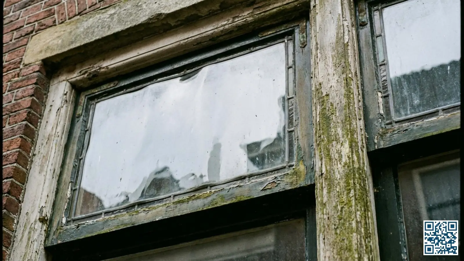 Detail van een monumentaal grachtenpand in Leeuwarden met authentieke houten kozijnen en historisch glas