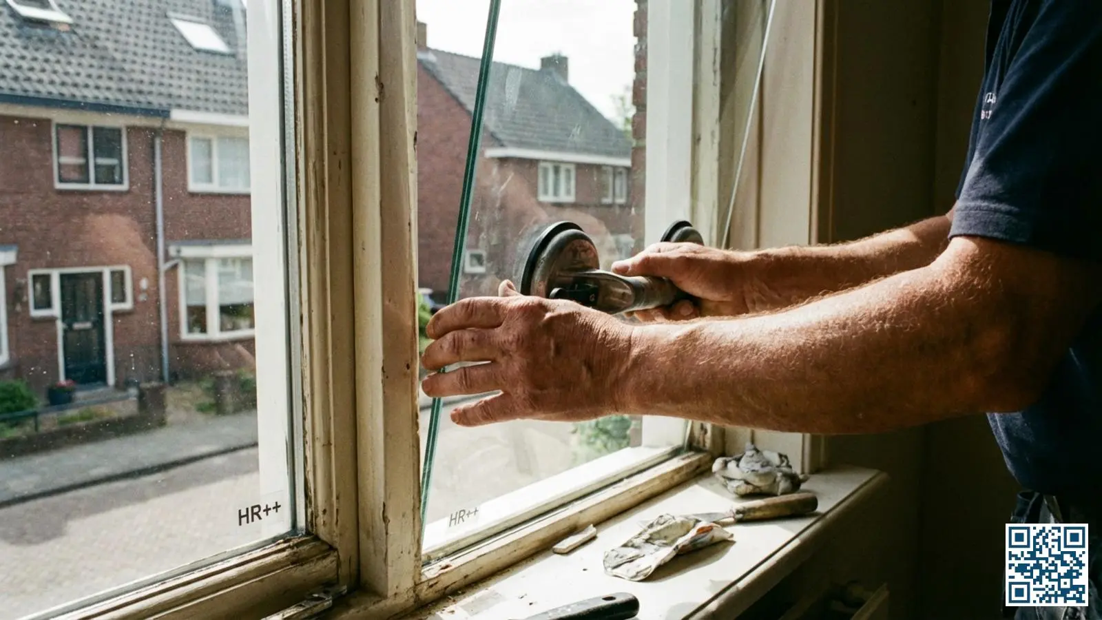 Glaszetter plaatst zorgvuldig nieuw isolerend HR-glas in het kozijn van een Nijmeegse woning