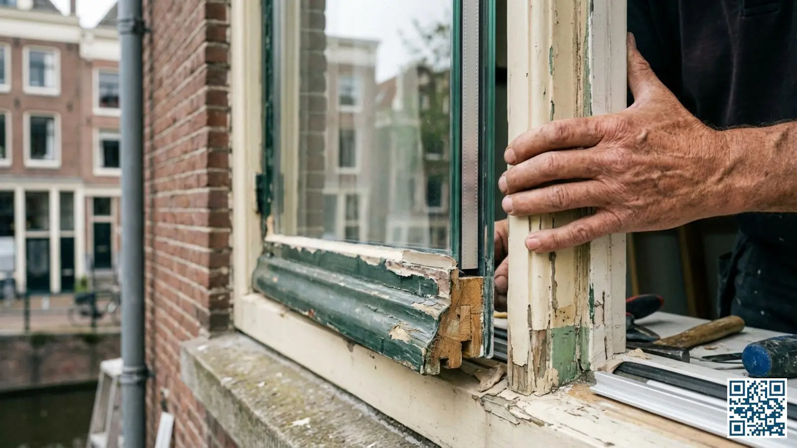 Close-up van een historisch houten kozijn waarin nieuw isolerend glas wordt geplaatst