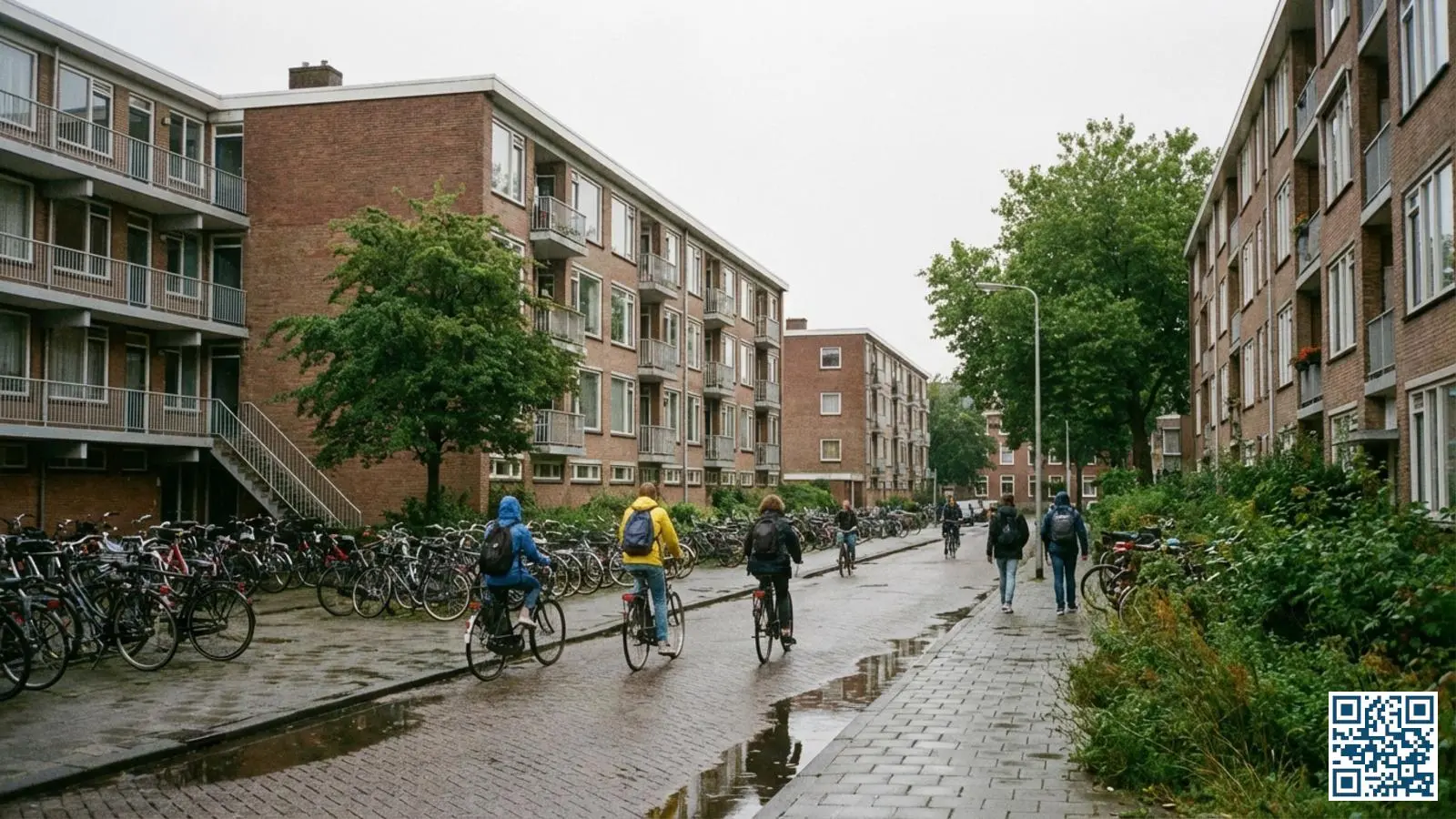 Naoorlogse portiekflats in een Groningse studentenwijk met fietsen en groen