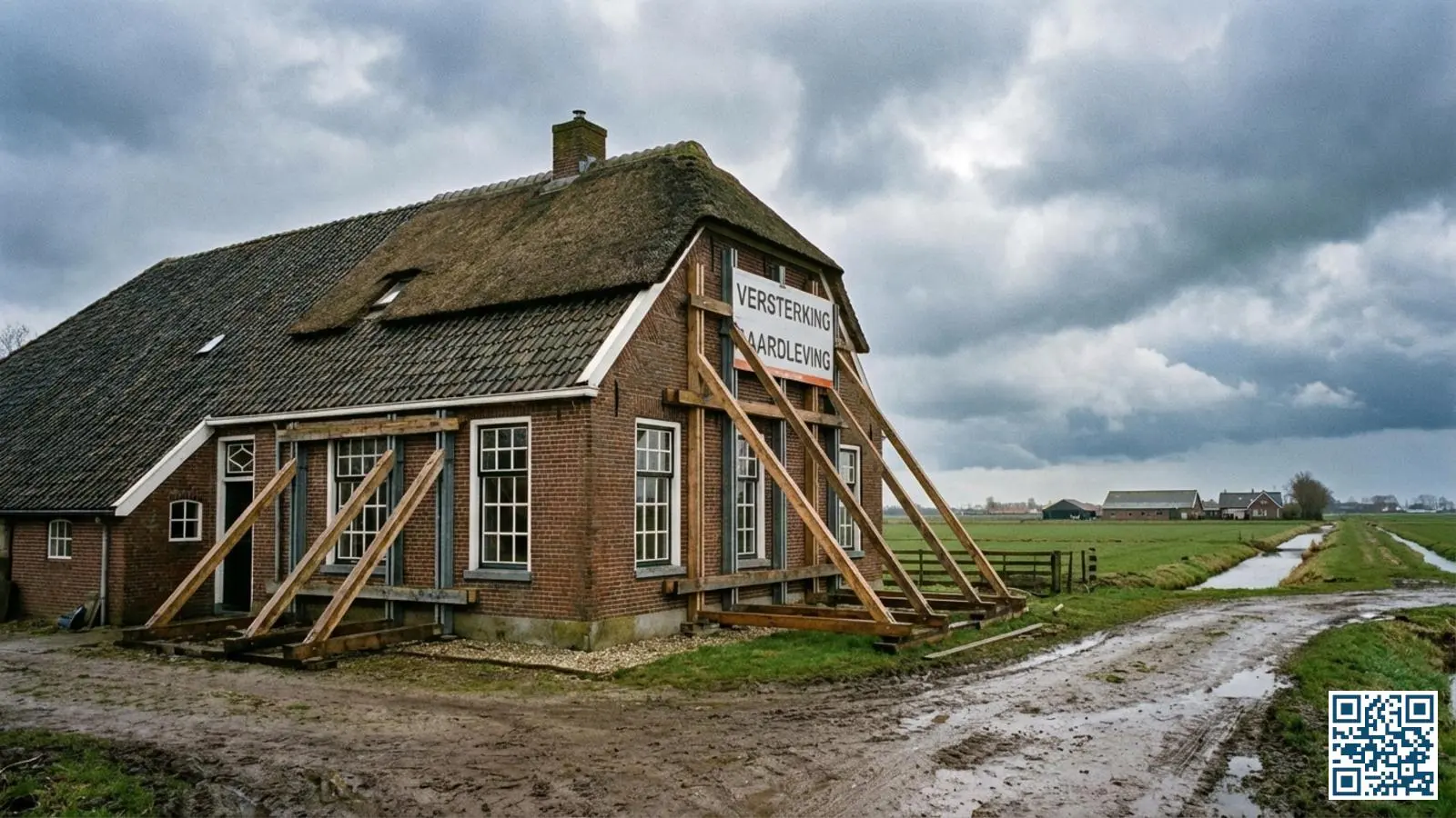 Traditionele Groningse woning met versterkingswerkzaamheden zichtbaar door steigerbouw in landelijke omgeving