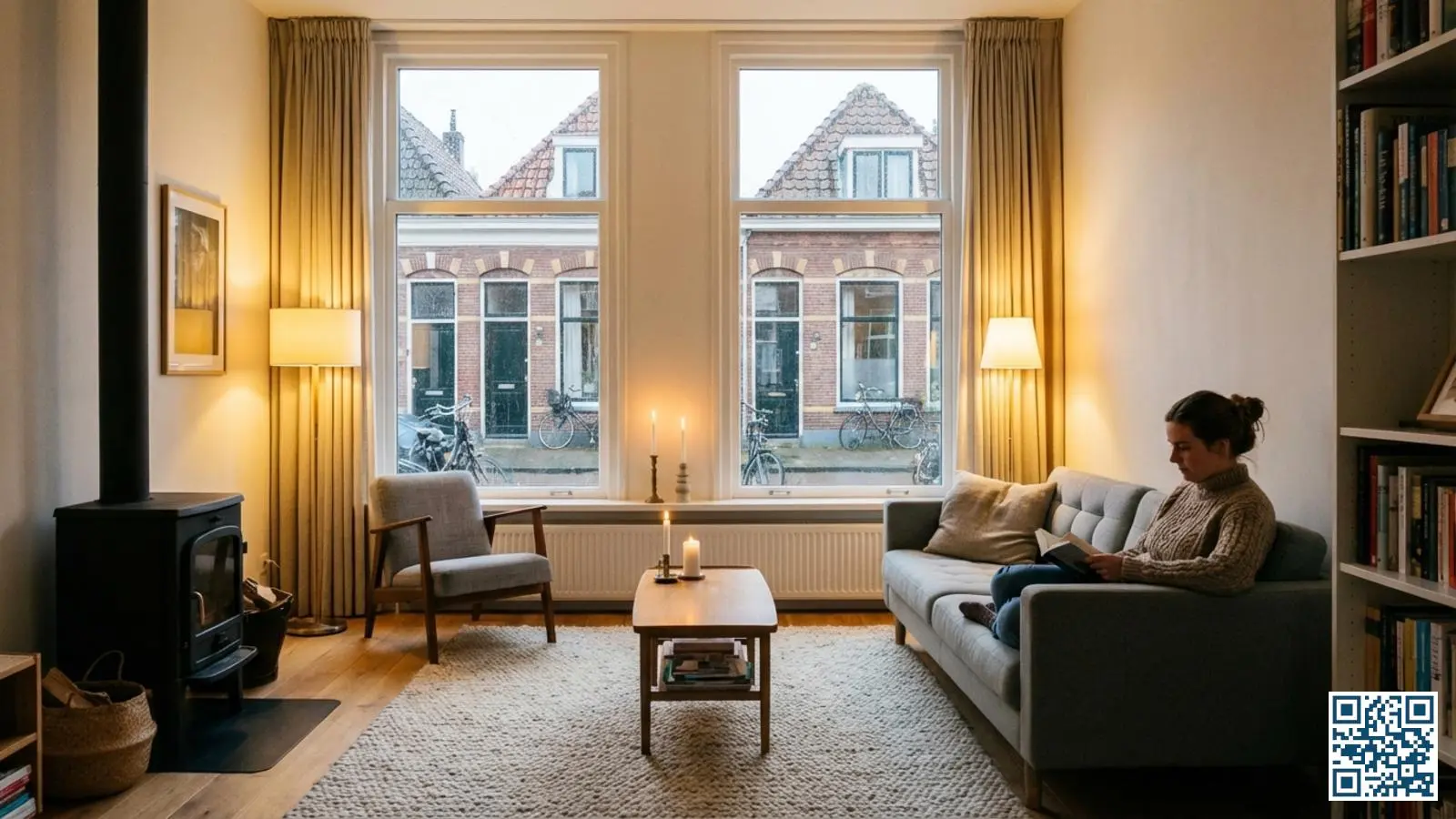Gezellige Groningse woonkamer met nieuw HR++ glas waardoor helder zicht op de straat en warm licht naar binnen valt