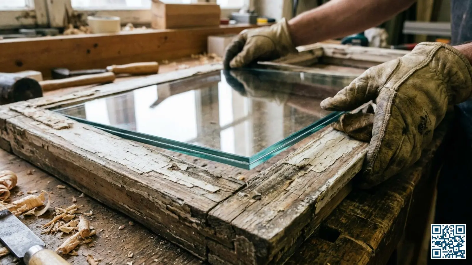 Close-up van dun vacuümglas dat wordt geplaatst in een historisch houten kozijn tijdens monumentrestauratie