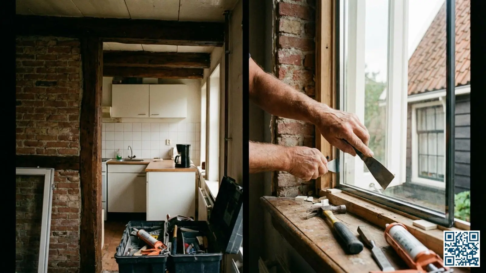 Glaszetter plaatst nieuw HR++ glas in het smalle kozijn van een Tilburgse arbeiderwoning