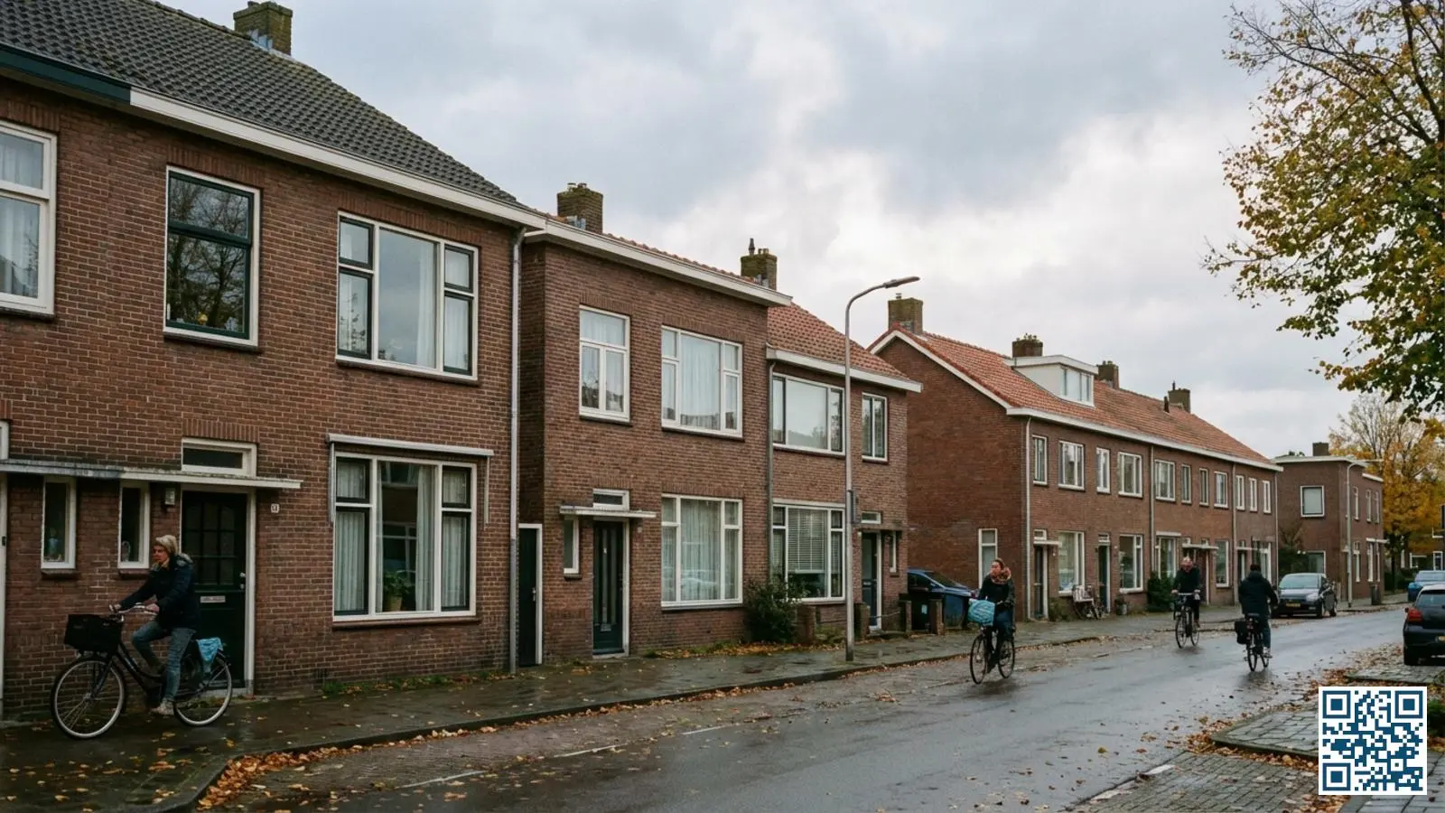 Typische Noord-Hollandse woonwijk met rij Nederlandse huizen en karakteristieke grote ramen in diverse bouwstijlen