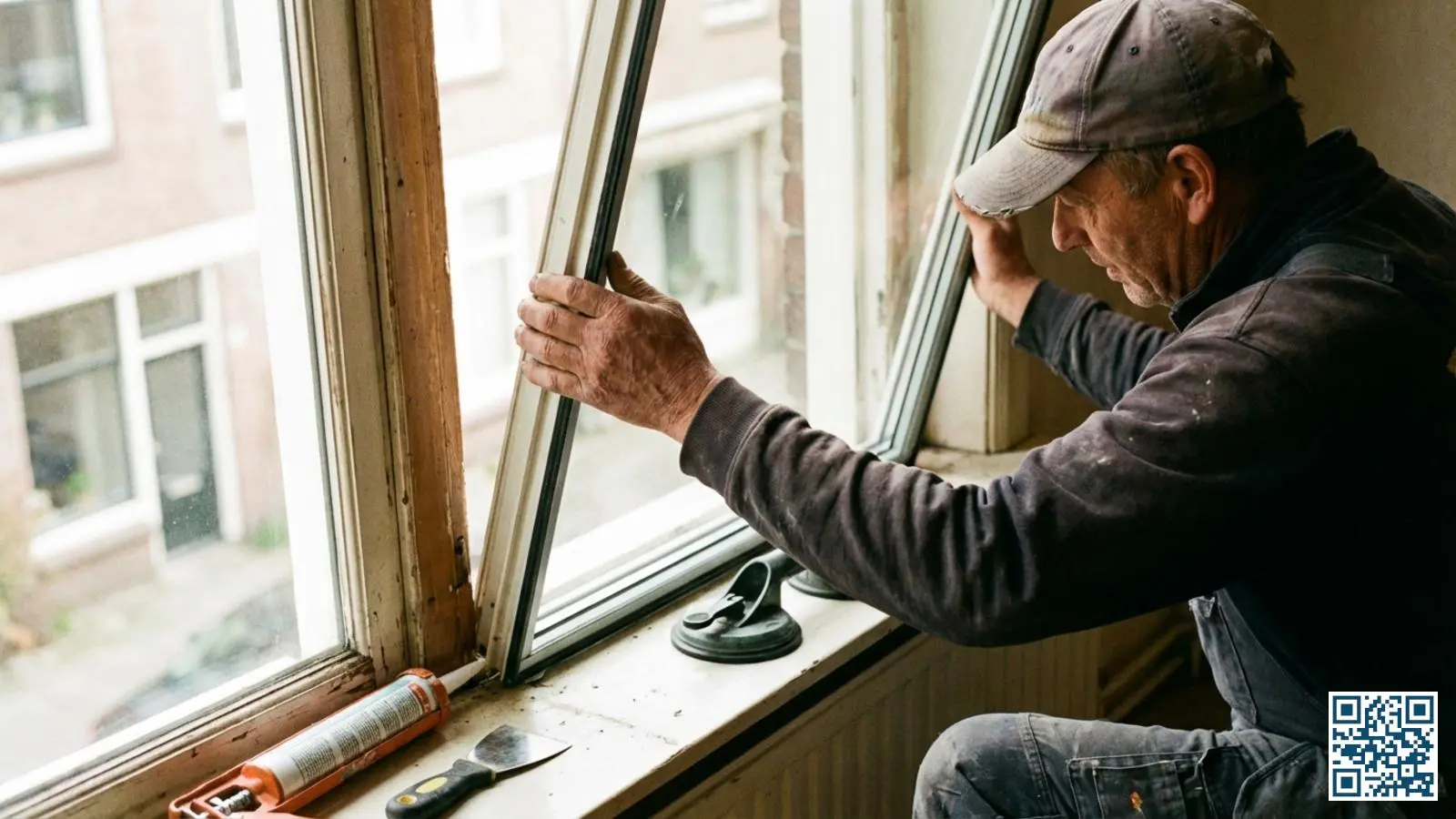 Glaszetter installeert zorgvuldig nieuw HR-glas in een oudere woning in de regio Twente