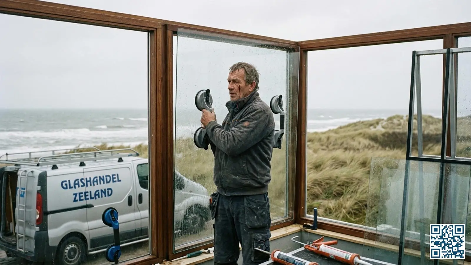 Glaszetter installeert nieuw isolerend glas bij een woning aan de Zeeuwse kust