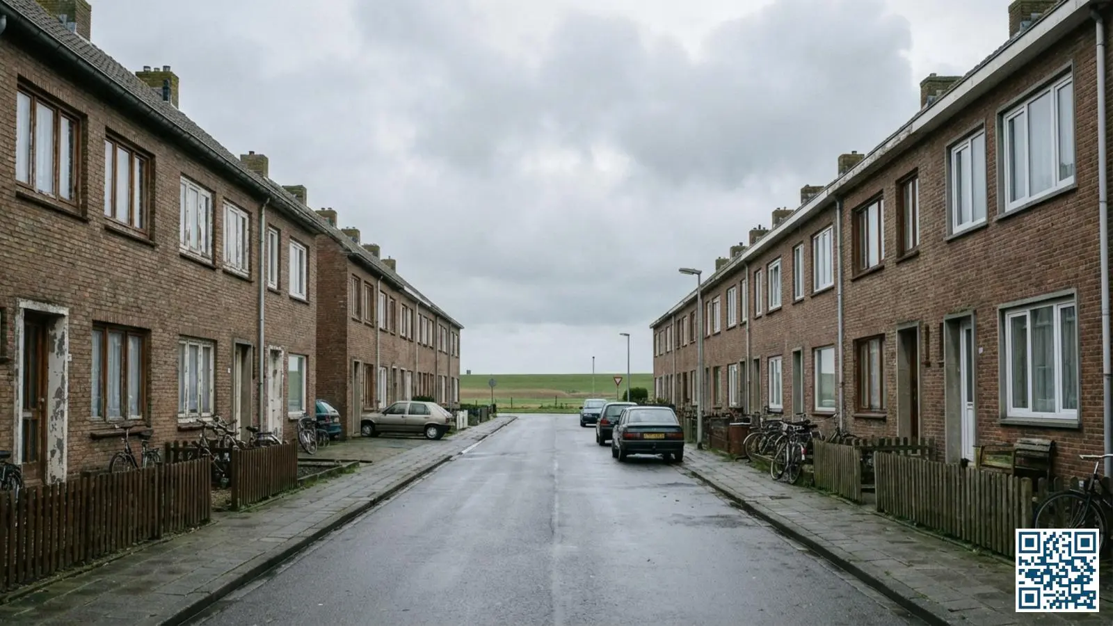 Straat met naoorlogse arbeiderswoningen in een Zeeuws-Vlaamse wijk met typische rijtjeshuizen uit de jaren zestig en zeventig