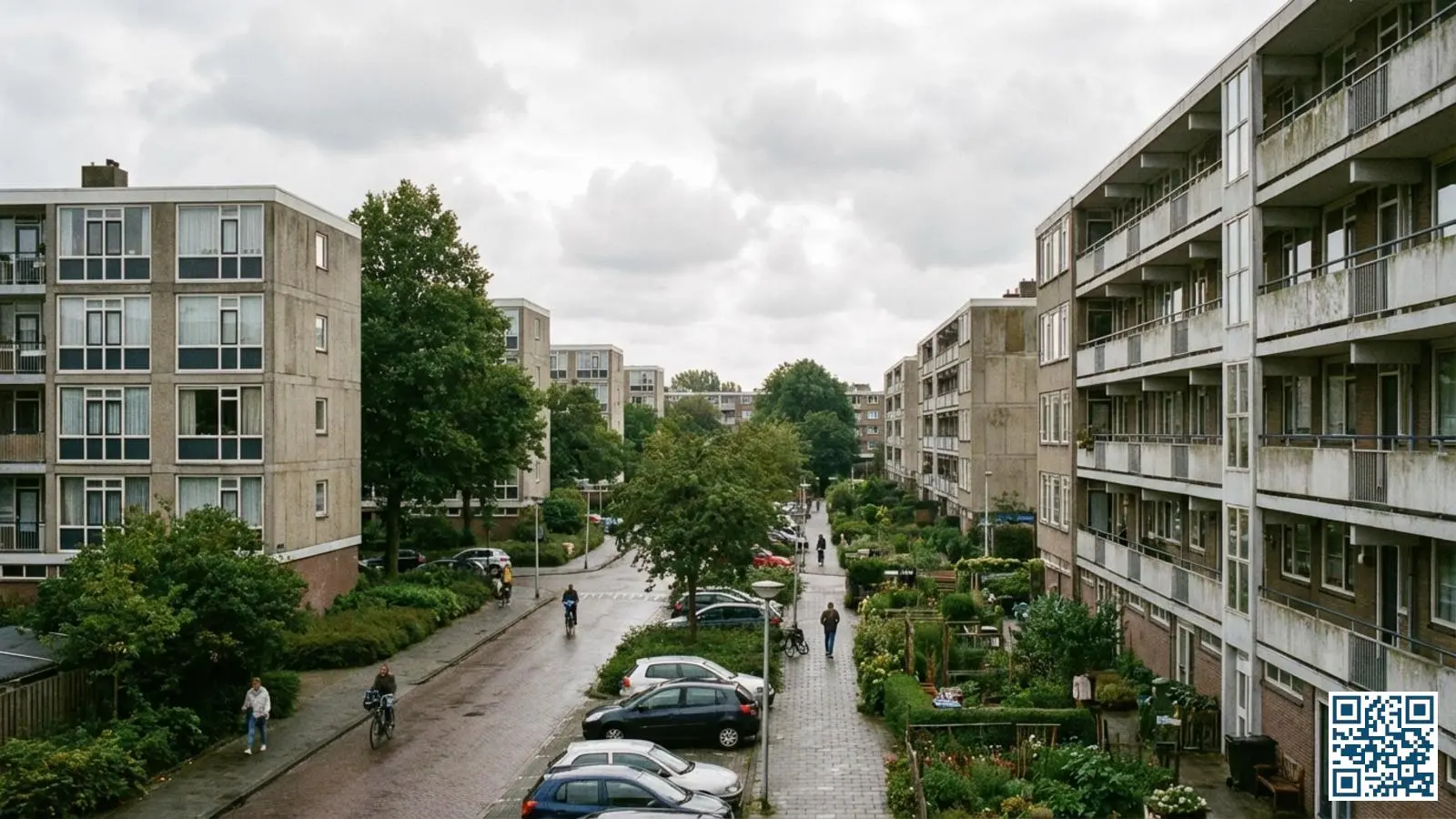 Naoorlogse portiekflats met kenmerkende galerijbouw in een Haagse wijk uit de jaren zestig en zeventig