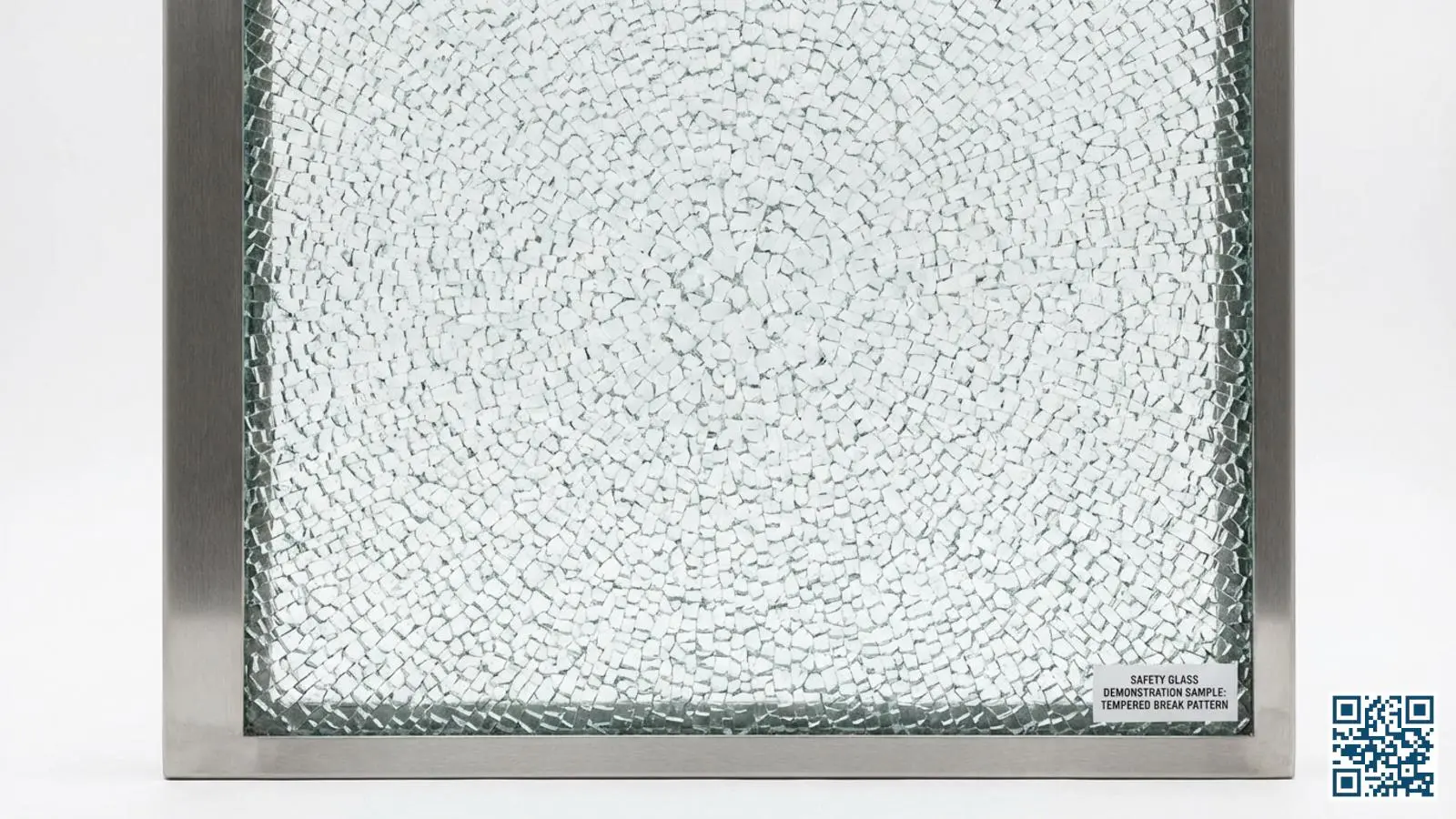 Close-up van gehard veiligheidsglas dat in kleine stompe korrels is gebroken in plaats van scherpe scherven