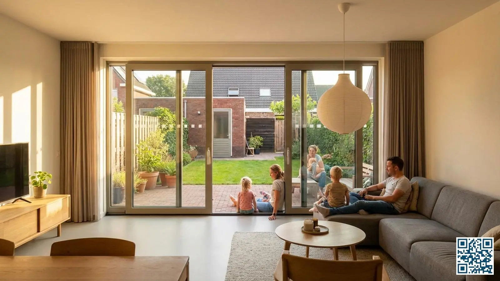 Moderne woonkamer met grote schuifpui van vloer tot plafond waar veiligheidsglas verplicht is