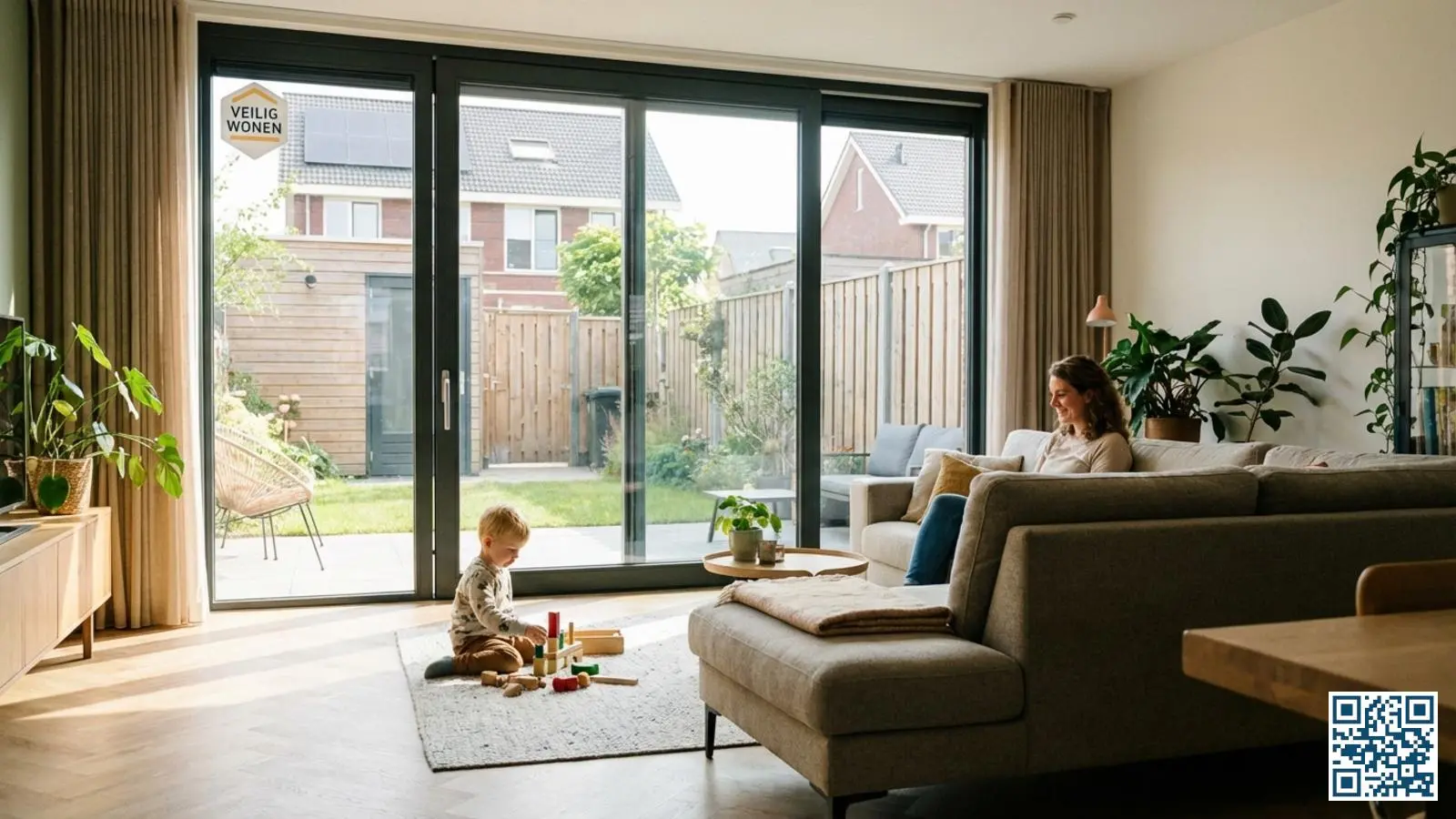 Moderne woonkamer met grote glazen schuifpui en veilig spelend kind nabij het veiligheidsglas