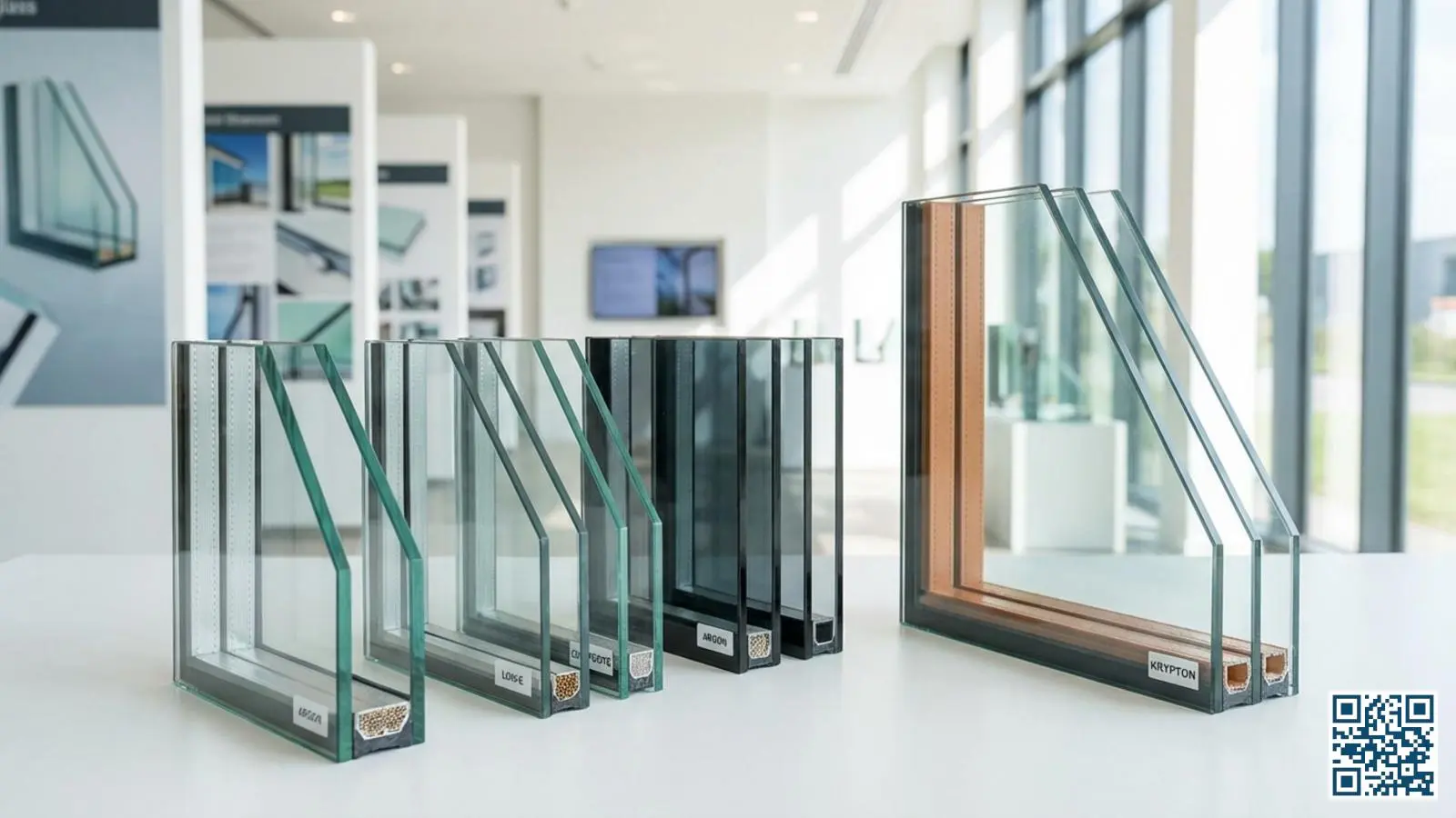 Verschillende HR-glas varianten naast elkaar getoond met zichtbare glasopbouw en spacers in een showroom