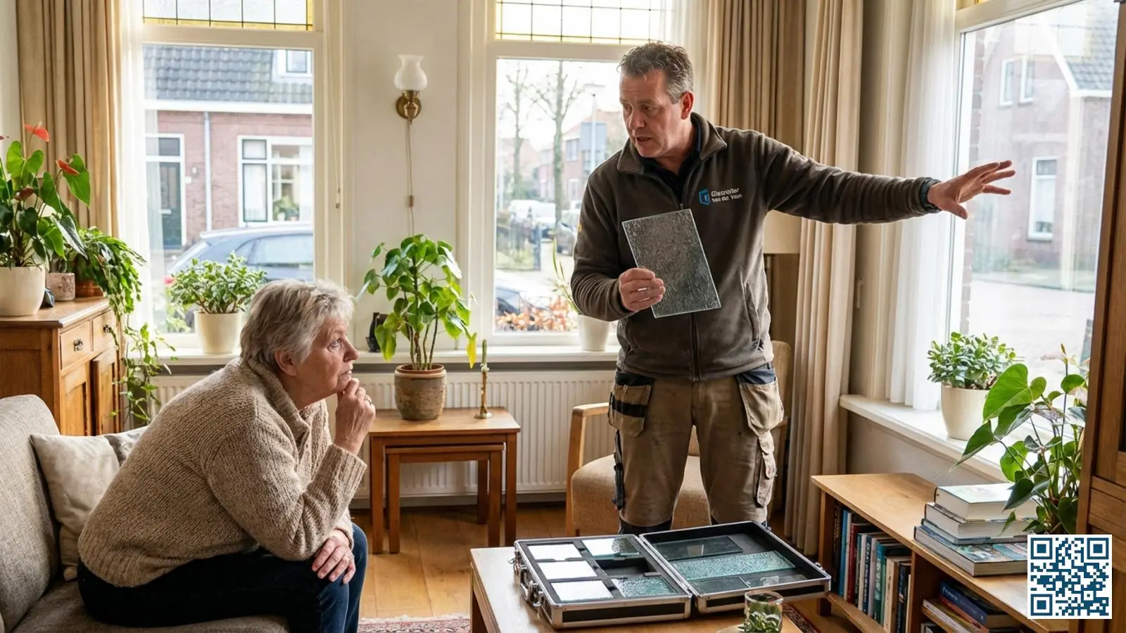 Professionele glaszetter adviseert een huiseigenaar over verschillende HR-glas varianten in de woonkamer