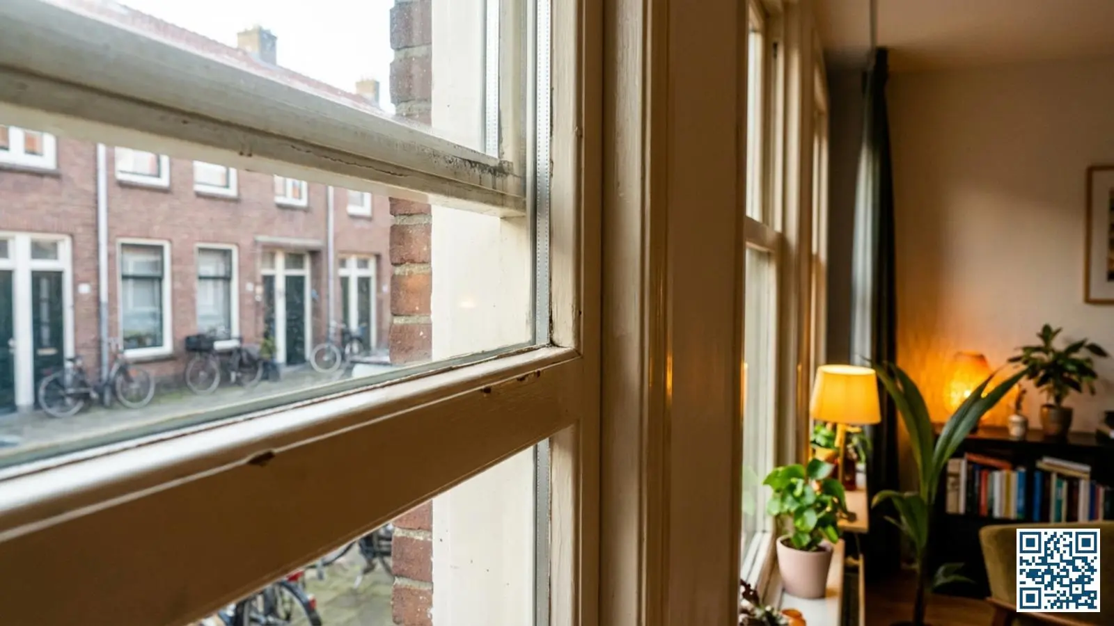 Standaard HR-glas raam in een Nederlandse rijtjeswoning met daglicht dat door het glas naar binnen valt