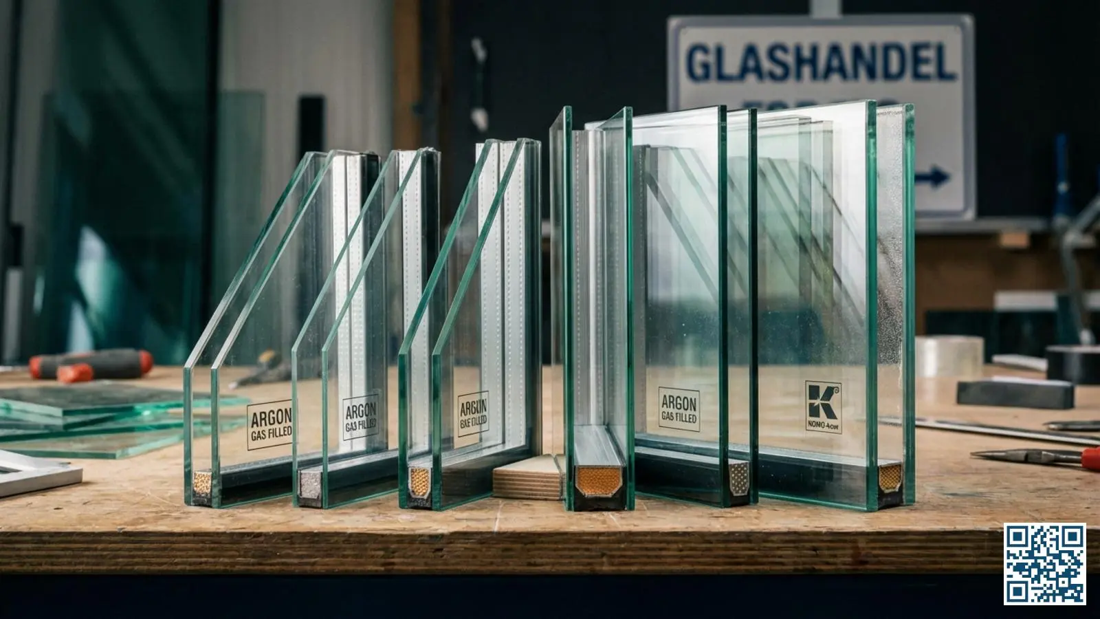 Close-up van verschillende HR++ glasunits naast elkaar met zichtbare spouwen en randafstandhouders in glaswerkplaats